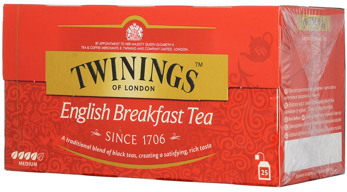 Twinings English Breakfast чай черный в пакетиках, 25 шт01816 Twinings English Breakfast чай черный в пакетиках, 25 шт01816Чай Twinings - это истинно английский напиток премиум-класса, который выпускается одним из лидеров международного рынка чая.Компания была основана в 1706 Томасом Твайнингом, который открыл свой частный чайный салон в Лондоне, на улице Стрэнд.Начните день с чашки душистого напитка и ощутите прилив сил и хорошего настроения.