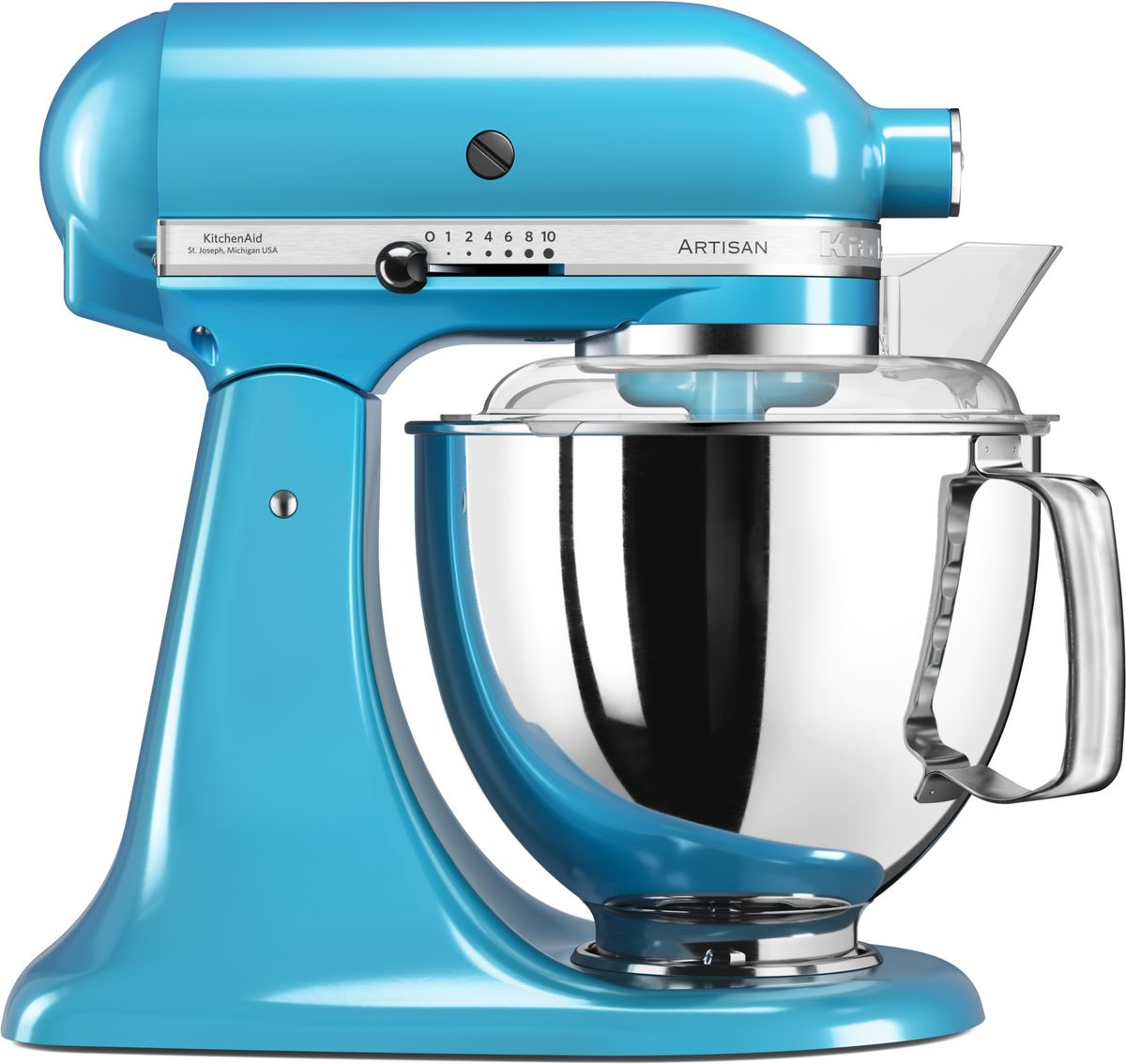 KitchenAid Artisan, Turquoise миксер планетарный (5KSM175PSECL)5KSM175PSECL KitchenAid Artisan, Turquoise миксер планетарный (5KSM175PSECL)5KSM175PSECLМиксер KitchenAid Artisan - это уникальное многофункциональное устройство, практически не имеющее аналогов на рынке техники для дома и кухни. Сочетание классического элегантного дизайна и высокой мощности, соответствующей стандартам профессионального оборудования, делает этот миксер фаворитом не только на домашней кухне, но и на рабочем столе мастеров поварского искусства.Откидывающаяся головка миксера KitchenAid Artisan позволяет легко менять насадки и устанавливать чашу. Миксер имеет 10 скоростных режимов, от медленного смешивания до высокоскоростного взбивания. Базовая комплектация миксера включает: чашу объемом 4,83 литра, крюк для теста, венчик для взбивания, насадку-лопатку для перемешивания, крышку для чаши и защитный обод с воронкой для засыпания продуктов. Этого набора достаточно, чтобы миксер успешно выполнял базовые функции.В передней части привода миксера KitchenAid имеется еще одно гнездо для подсоединения дополнительных насадок. Они позволяют значительно расширить функции миксера, превращая его в настоящий кухонный комбайн. Планетарный миксер KitchenAid Artisan избавит вас от необходимости покупать несколько разных бытовых приборов для кухни. Его высокая мощность и уникальная конструкция позволяют готовить даже сложные блюда на высоком профессиональном уровне.Процесс производства миксеров KitchenAid не оставляет сомнений в долговечности этого прибора. Литые детали механизма изготовлены из высококачественной стали. Ручная сборка и тщательная подгонка частей привода обеспечивают низкий уровень шума и вибрации, являются гарантией безупречной работы прибора. Цельнометаллический корпус покрывается прочной цветной эмалью, устойчивой к механическим повреждениям, которая сохраняет привлекательный внешний десятилетиями. Классический дизайн миксеров KitchenAid Artisan станет украшением интерьера любой кухни. Одна из отличительных особенностей этой серии - богатая цветовая гамма.