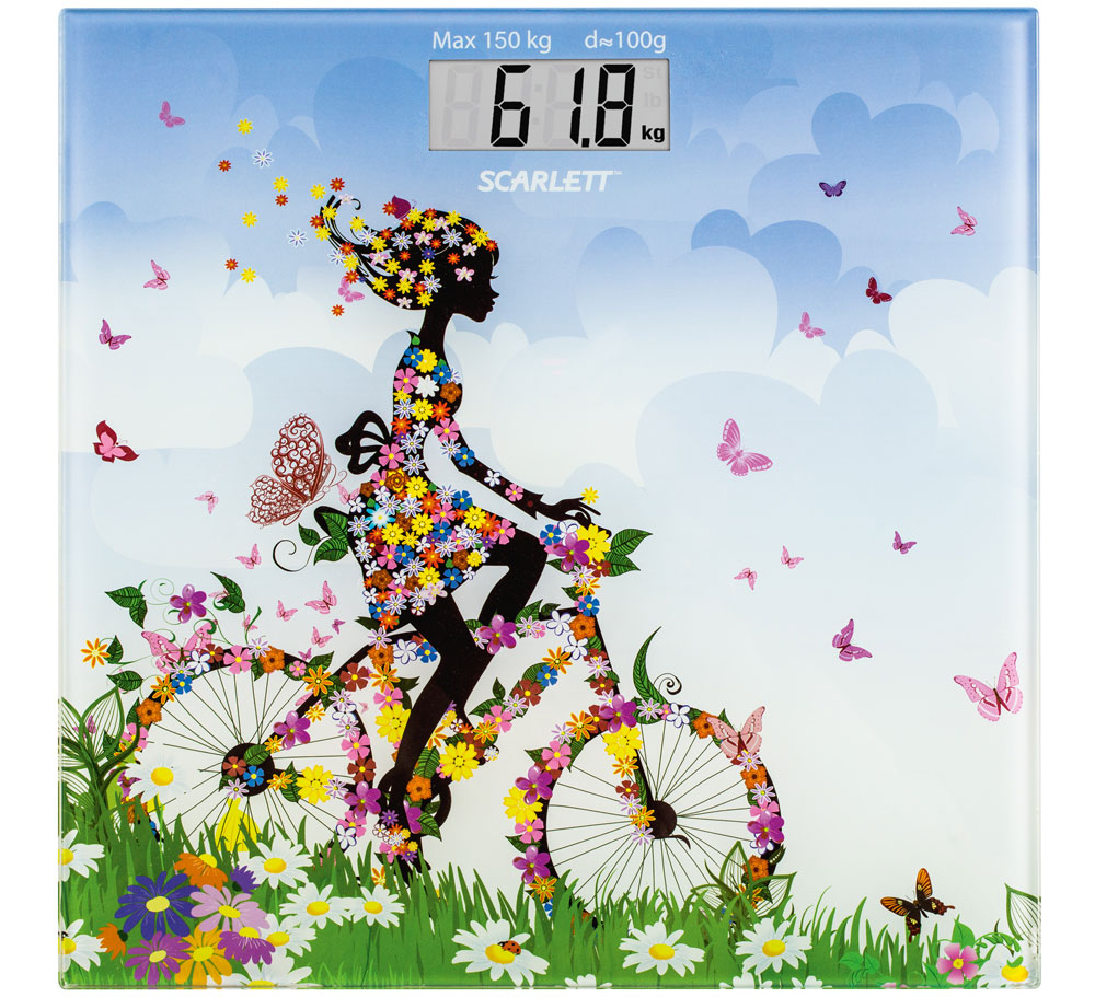 Scarlett SC-BS33E070, Girl on Bike весы напольныеSC-BS33E070 Scarlett SC-BS33E070, Girl on Bike весы напольныеSC-BS33E070Напольные весы Scarlett SC-BS33E070 имеют уникальный дизайн стеклянной платформы. Это простой и удобный способ контролировать свой вес. Максимальная нагрузка на данную модель может составлять 150 кг.При перегрузе загорится предупреждающий сигнал. Также специальная индикация сообщит пользователям о необходимости замены элемента питания. Чтобы весы начали работать, достаточно просто встать на них. После взвешивания прибор отключится самостоятельно.Высокочувствительные датчикиИндикатор перегрузкиИндикатор батарейкиЦифровой жидкокристаллический дисплейПрорезиненные ножки