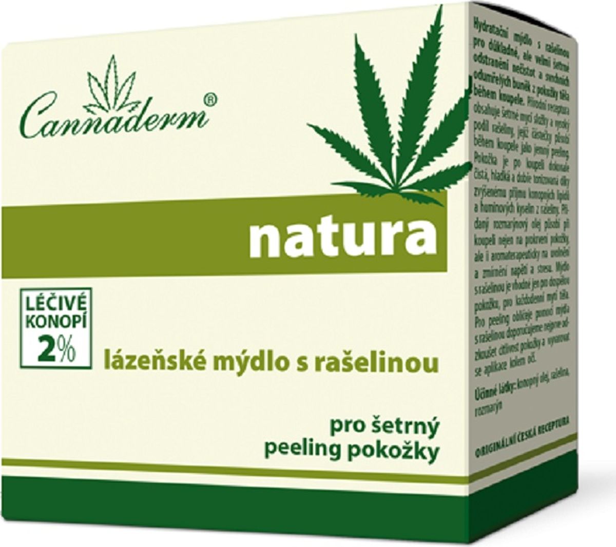 Natura Банное мыло с торфом Cannaderm 80г.K2736 Natura Банное мыло с торфом Cannaderm 80г.K2736Natura банное мыло с торфом нежный скраб Cannaderm. Натуральная формула содержит экологически чистые моющие компоненты и высокую концентрацию торфа, в которой активные частицы действуют во время принятия ванны, как нежный скраб. Кожа после ванны идеально чистая, гладкая и хорошо тонизирована благодаря увеличенной концентрации конопляных липидов и гуминовых кислот из торфа. Добавлено масло розмарина, которое действует во время принятия ванны не только на кровоснабжение кожи, но и ароматерапически для расслабления и снятия напряжения и стресса. Natura банное мыло с торфом нежный скраб Cannaderm подходит только для взрослой кожи, для ежедневного мытья тела. Для пилинга лица с помощью мыла с торфом рекомендуем вам сначала испытать чувствительность кожи и избегать применения вокруг глаз.