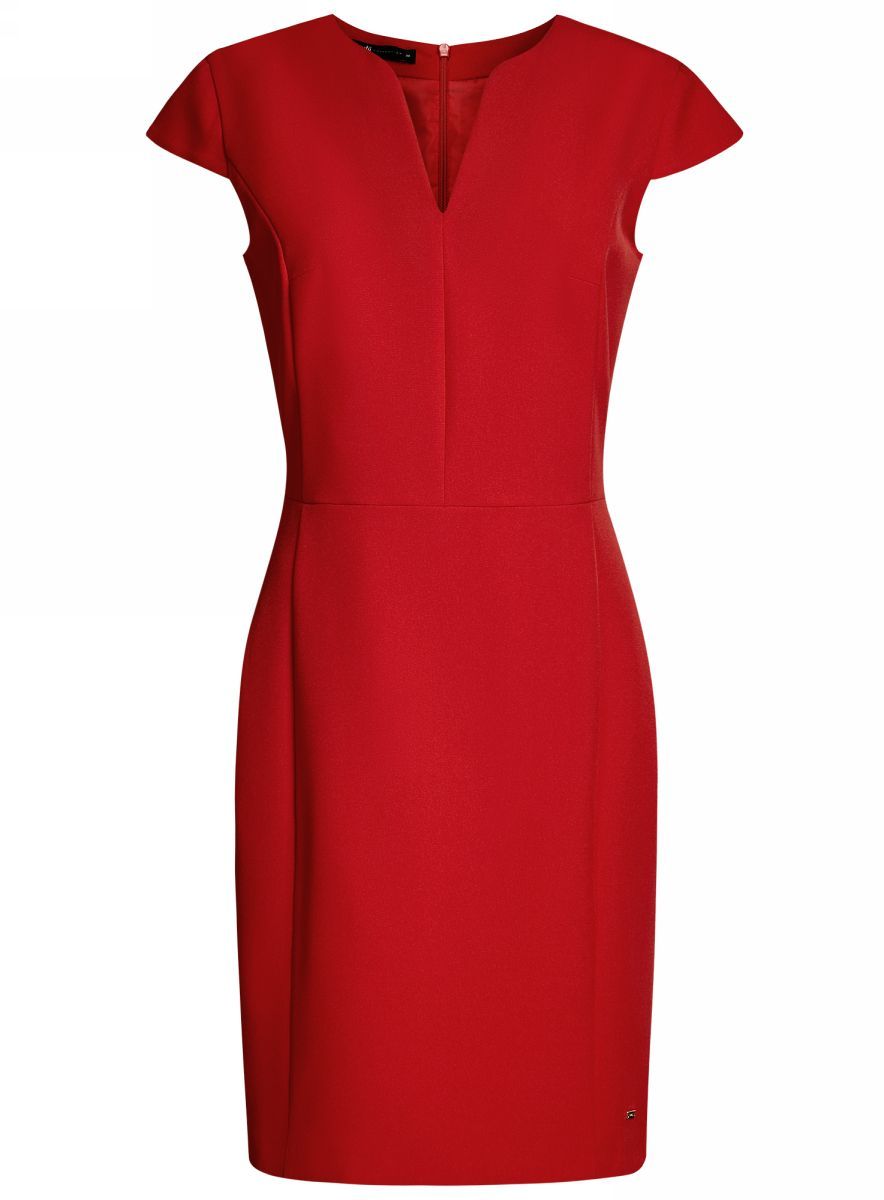 Платье oodji Collection, цвет: красный. 21902060-4/14917/4500N. Размер 38-170 (44-170)21902060-4/14917/4500N Платье oodji Collection, цвет: красный. 21902060-4/14917/4500N. Размер 38-170 (44-170)21902060-4/14917/4500NПриталенное платье oodji Collection, выгодно подчеркивающее достоинства фигуры, выполнено из качественного однотонного трикотажа. Модель средней длины с фигурным V-образным вырезом горловины и короткими рукавами-крылышками застегивается на скрытую застежку-молнию на спинке.