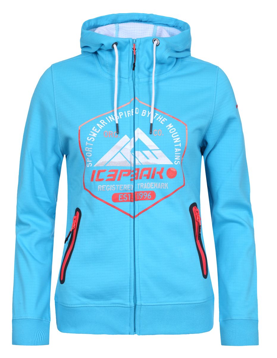Толстовка женская Icepeak Evelyn, цвет: голубой. 754801510IV. Размер 38 (44)754801510IV Толстовка женская Icepeak Evelyn, цвет: голубой. 754801510IV. Размер 38 (44)754801510IVТрикотажная толстовка Evelyn от Icepeak выполнена из мягкого материала с плотностью 300гр/м2. Модель с длинными рукавами и капюшоном застегивается на молнию, имеются два боковых кармана на молниях.