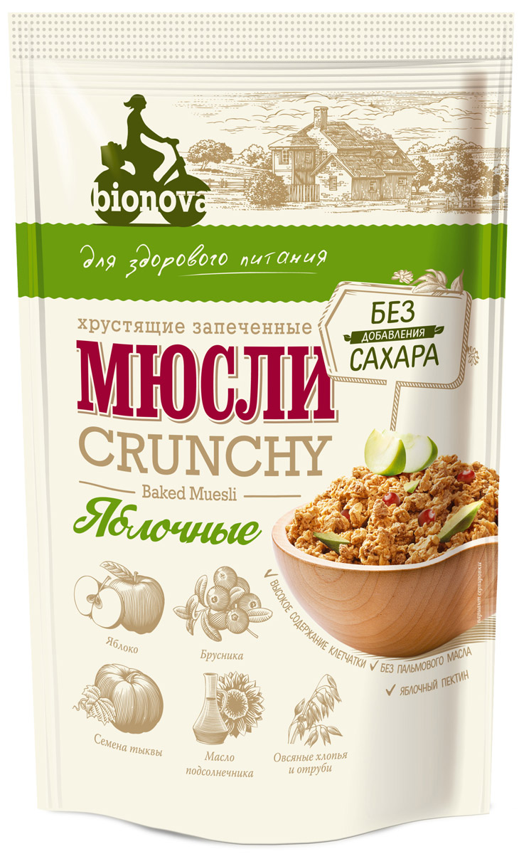 Bionova мюсли хрустящие запеченные Яблочные, 400 г4607013792166 Bionova мюсли хрустящие запеченные Яблочные, 400 г4607013792166Bionova - это хрустящие запеченные мюсли без добавления сахара и пальмового масла, которые содержат цельные орехи, фрукты и ягоды, а также природное пищевое волокно - клетчатку.