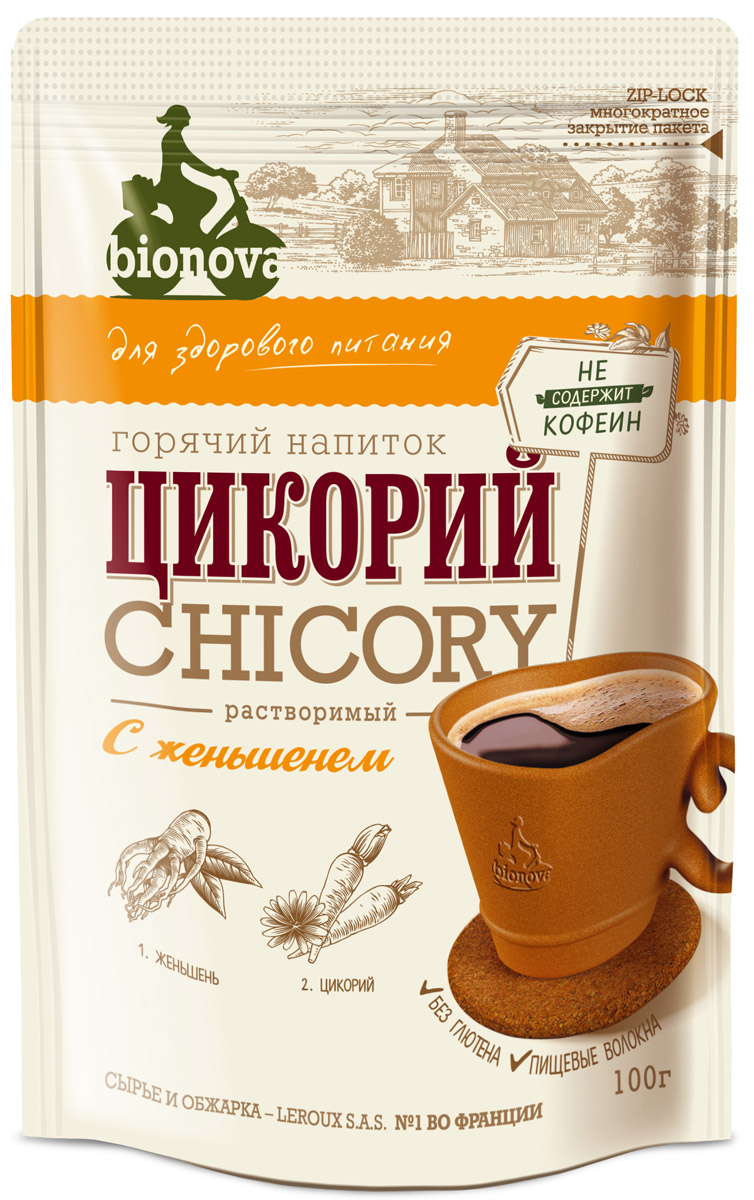 Bionova напиток из цикория с женьшенем, 100 г4607013792258 Bionova напиток из цикория с женьшенем, 100 г4607013792258Горячий напиток для здорового питания, изготовленный из корней цикория, выращенных и обработанных по уникальной технологии производства компании LEROUX S.A.S (Франция), и экстракта корней женьшеня. Преимущества:• Содержит корень женьшеня, который рекомендуют в качестве общетонизирующего средства, повышающего физическую и умственную работоспособность.• Содержит витамины и минералы • Не содержит кофеин, не повышает артериальное давление • Содержит инулин - растительное пищевое волокно (в 1 порции 48% инулина от суточной нормы), которое:- улучшает микрофлору кишечника- стимулирует рост и активность полезных бифидобактерий- улучшает усвоение организмом кальция• Рекомендуемая Институтом Питания РАМН величина суточного потребления инулина составляет 2,5 г, что соответствует 6 чайным ложкам цикория BIONOVA • Не содержит ГМО• Без глютена
