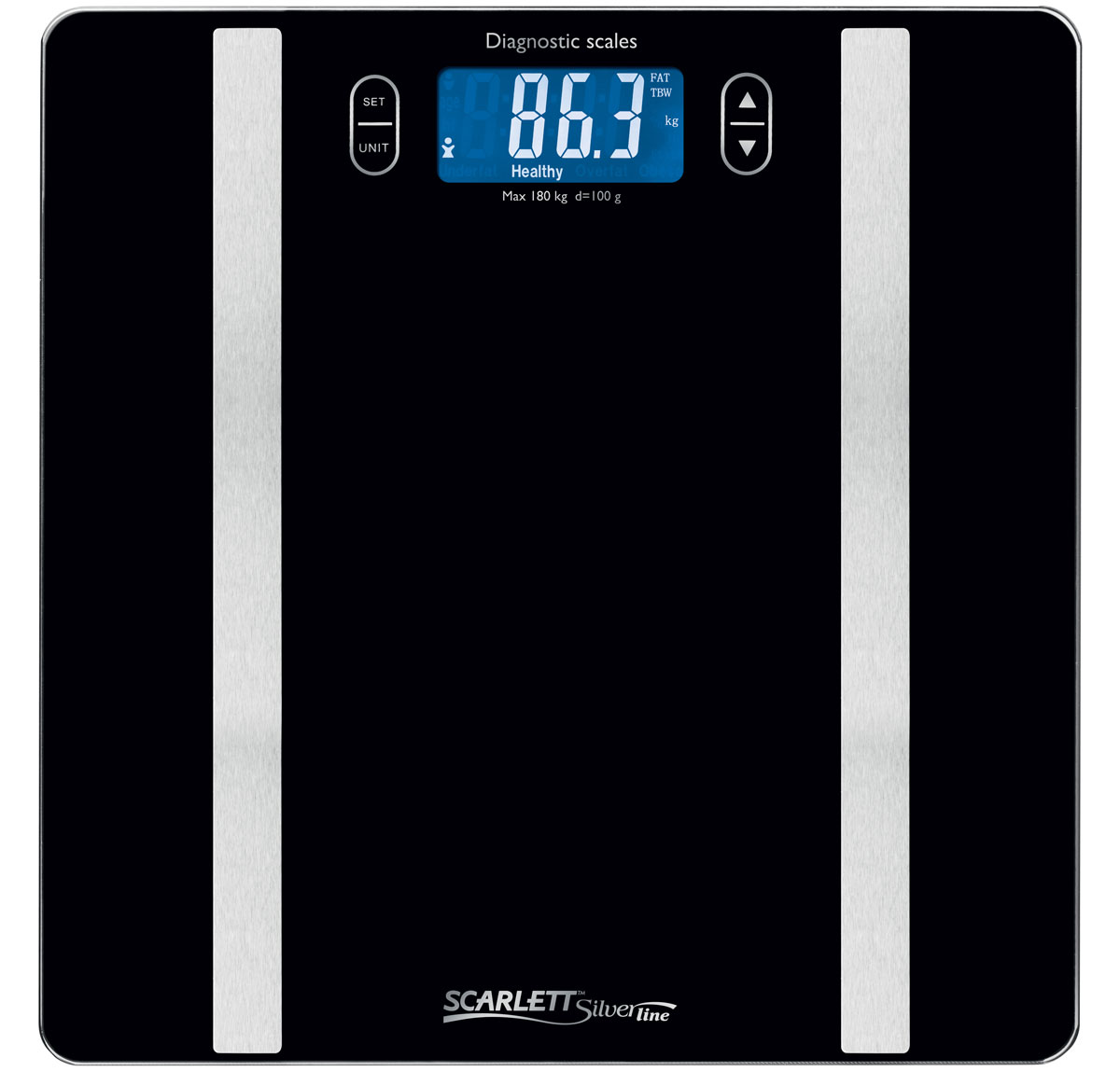 Scarlett SL-BS34ED42, Black весы напольныеSL-BS34ED42 Scarlett SL-BS34ED42, Black весы напольныеSL-BS34ED42Диагностические весы Scarlett SL-BS34ED42 не только помогут следить за весом, но и определить процентное соотношение воды и жира в организме.Есть возможность занести полученные результаты измерений в память – доступно 10 ячеек, в которые заносится информация о росте, возрасте, поле и других параметрах пользователя. Включаются и выключаются весы автоматически – достаточно встать на платформу и весы начнут работу.Платформа весов имеет ультратонкий дизайн (5 мм), изготовлена из качественного высокопрочного стекла и оснащена большим жидкокристаллическим дисплеем. Предусмотрены индикаторы превышения допустимой нагрузки и необходимости заменить батарейки. Для работы весов потребуются две 3V батарейки типа CR 2032 – они уже включены в комплект поставки.Безопасность использования обеспечивается прорезиненными ножками, исключающими скольжение.