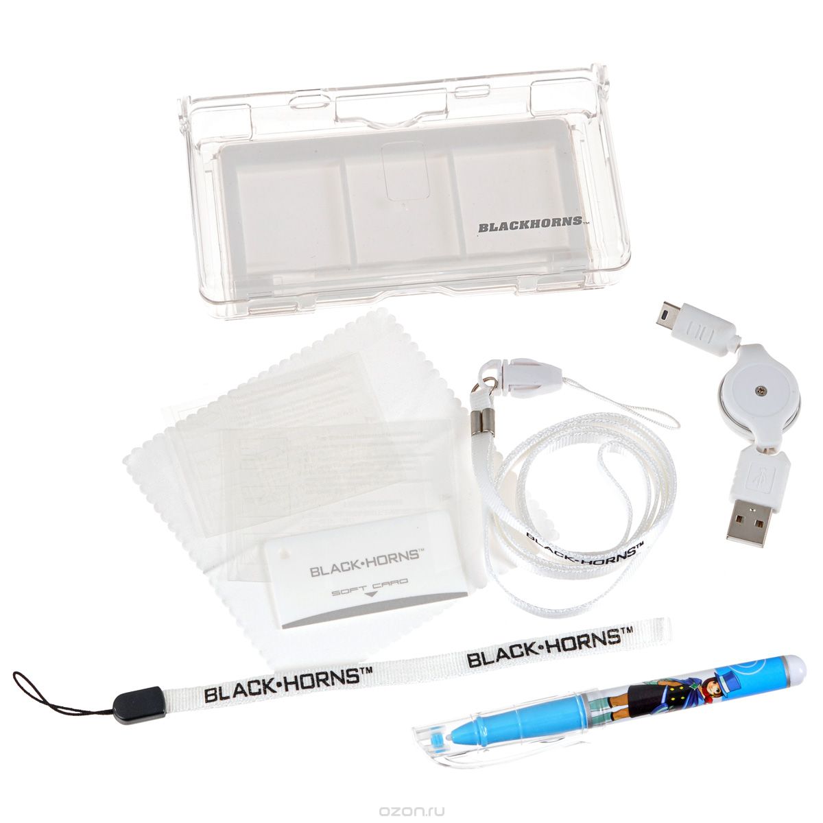 Black Horns Kit 7 in 1 Набор аксессуаров для Nintendo DS LiteBH-DSL09611 Black Horns Kit 7 in 1 Набор аксессуаров для Nintendo DS LiteBH-DSL09611Набор аксессуаров Black Horns Kit 7 in 1 для Nintendo DS Lite. В комплект входят: Защитный пластиковый корпус с футляром для стилуса и 3 картриджей, выполненный из высококачественного поликарбонатного материала. Пленки для большого и маленького экрана, которые защитят экраны вашей приставки от потертостей, царапин и пыли.Стилус.Корпус для стилуса, выполненный в виде шариковой ручки.Ремешок на руку и шнурок на шею.Сворачиваемый USB кабель для зарядки приставки.