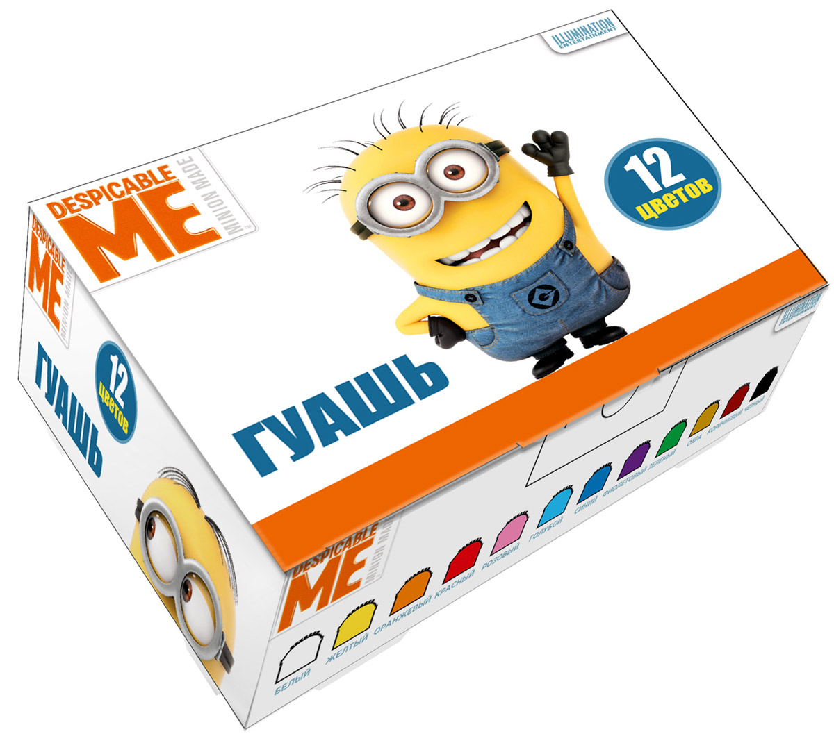 Universal Миньоны Гуашь Гадкий Я 12 цветов31872 Universal Миньоны Гуашь Гадкий Я 12 цветов3187212 насыщенных цветов гуаши Universal Миньоны Гадкий Я помогут вашему юному художнику создавать множество ярких рисунков, развивая при этом воображение, мелкую моторику, цветовосприятие и умение рисовать. А милые герои, изображенные на упаковке, будут радовать кроху и вдохновлять на новые детские шедевры. Краска идеально подходит для рисования на бумаге, картоне, холсте, ткани и фанере: она хорошо размывается водой, легко наносится, при высыхании приобретает матовую, бархатистую поверхность. Гуашь легко смывается с рук и одежды, безопасна при использовании по назначению.В наборе Гадкий Я 12 насыщенных цветов гуаши в прозрачных баночках по 20 мл с навинчивающимися крышками. Цвета: белый, желтый, оранжевый, красный, розовый, голубой, фиолетовый, охра, синий, зеленый, коричневый, черный. Состав: вода питьевая, метилцеллюлоза, пигменты органические и неорганические, глицерин. Срок годности: 2 года. Размер упаковки: 15,2 х 11,5 х 4 см.
