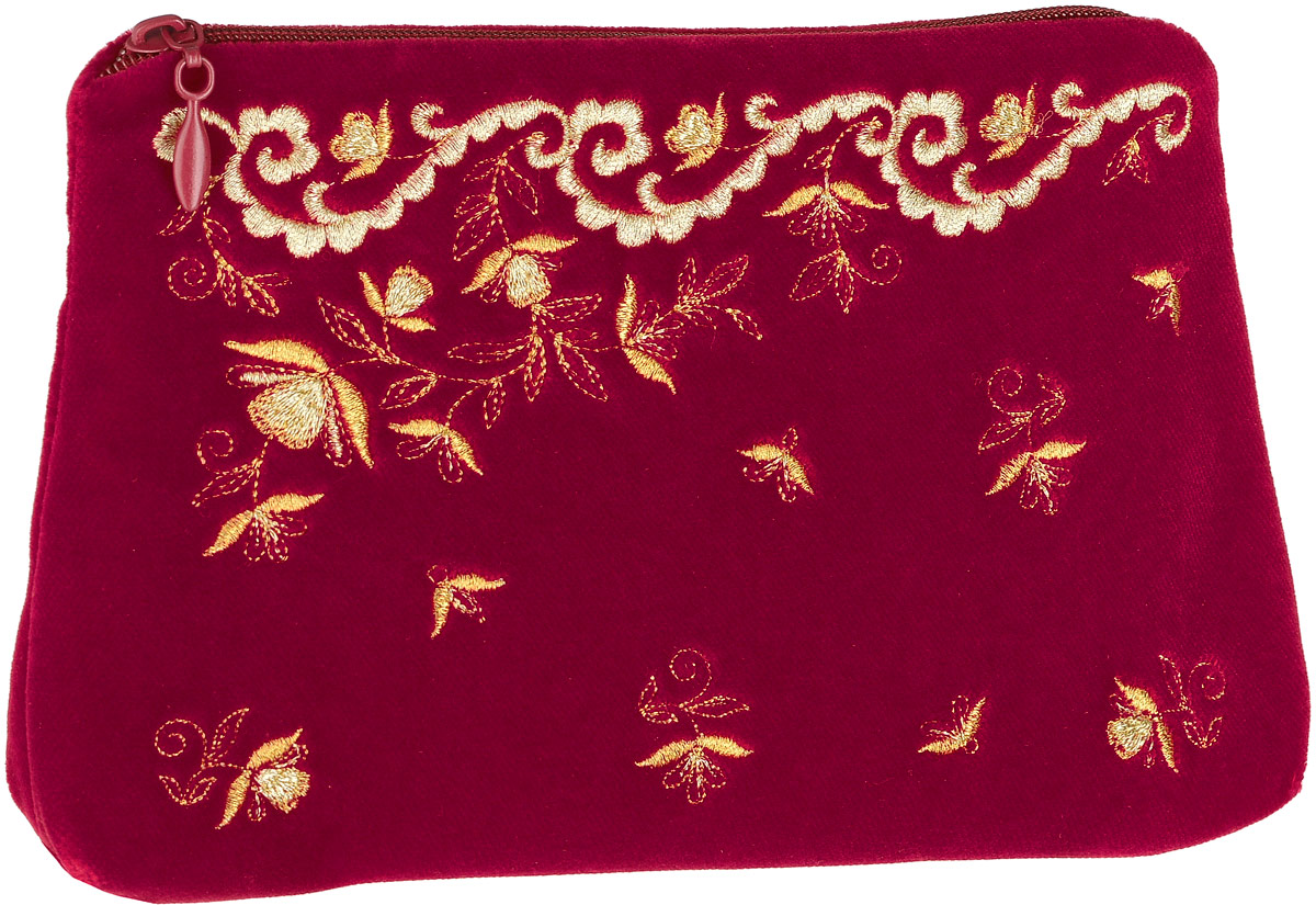 Косметичка. Бархат красного цвета, вышивка. Размер 22 х 15 см. Торжокские золотошвеи, Россия