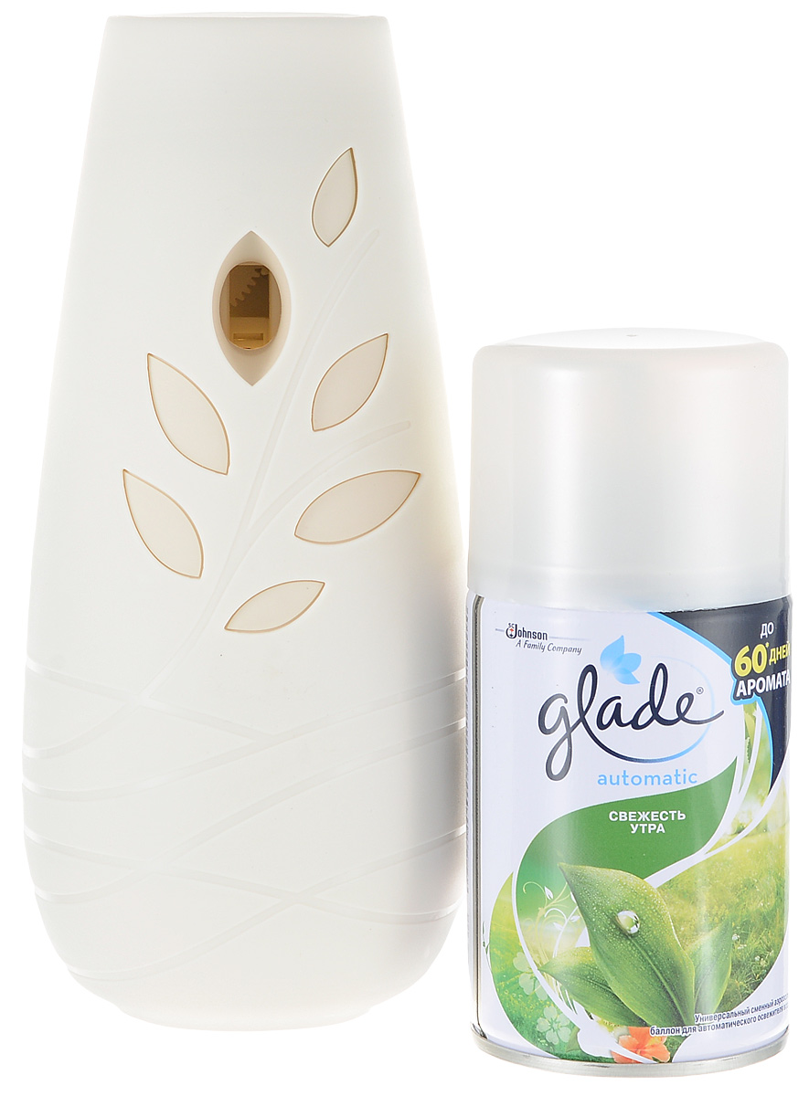 Освежитель воздуха Glade Automatic Свежесть утра, основной блок, со сменным баллоном, 269 мл667126 Освежитель воздуха Glade Automatic Свежесть утра, основной блок, со сменным баллоном, 269 мл667126Автоматический освежитель воздуха Glade Automatic Свежесть утра наполнит ваш дом приятным свежим ароматом. Этоаромат превратит ваш дом в маленький оазис и подарит незабываемое ощущение утренней прохлады. Освежитель идеально подходит для больших помещений в доме. Устройство можно использовать 2 способами: 1. Выберите 1 из 3 интервалов времени распыления (9, 18, 36 минут) и наслаждайтесь непрерывной свежестью. 2. Нажмите на кнопку распыления на задней панели устройства в нужный момент. Прибор можно установить на плоскую поверхность либо подвесить на шурупы (шурупы в комплект не входят).