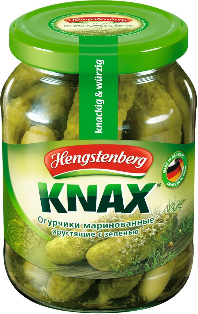 Hengstenberg Огурцы маринованные хрустящие Knax, 370 мл254152 Hengstenberg Огурцы маринованные хрустящие Knax, 370 мл254152Небольшие хрустящие огурчики, маринованные, с добавлением пряных трав.