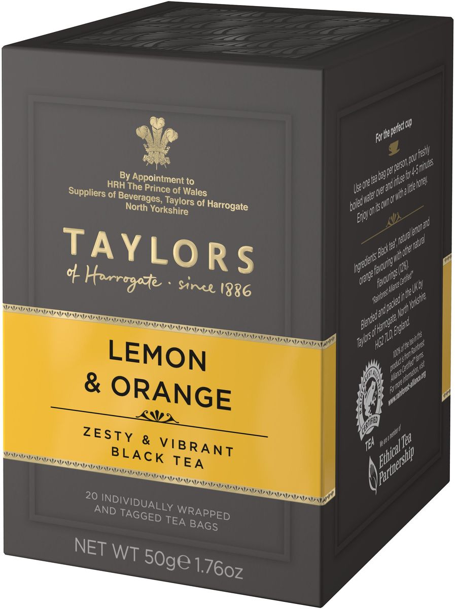 Taylors of Harrogate чай черный байховый с ароматом лимона и апельсина в пакетиках, 20 шт292406 Taylors of Harrogate чай черный байховый с ароматом лимона и апельсина в пакетиках, 20 шт292406На создание этого восхитительного купажа чая нас вдохновили древние китайские традиции чаепития, когда чаи смешивались с эфирными маслами цветов и цитрусовых. Эта смесь черных чаев со сладким и острым ароматом цитрусовых позволит вам наслаждаться напитком в любое время суток. Не рекомендуется добавлять молоко для сохранения истинного вкуса, а сахар или мед выгодно подчеркнут его фруктовые нотки.Способ приготовления: для приготовления одной чашки восхитительного напитка залейте 1 пакетик черного чая 180 мл горячей воды 100°С и настаивайте в течение 3-5 минут.