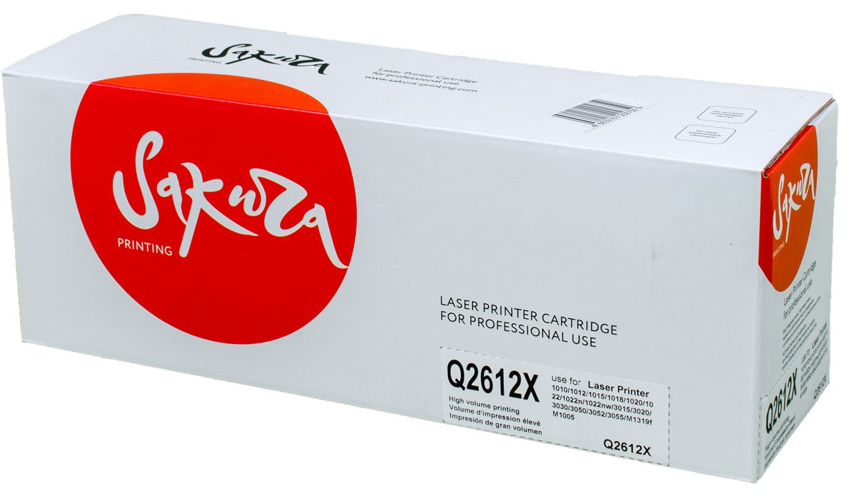 Sakura Q2612X, Black тонер-картридж для HP LaserJet 1010/1012/1015/1018/1020/1022/3015/3020/3030/3050/M1319f/M1005SAQ2612X Sakura Q2612X, Black тонер-картридж для HP LaserJet 1010/1012/1015/1018/1020/1022/3015/3020/3030/3050/M1319f/M1005SAQ2612XТонер-картридж Sakura Q2612X для лазерных принтеров HP LaserJet 1010/1012/1015/1018/1020/1022/3015/3020/3030/3050/M1319f/M1005 является альтернативным решением для замены оригинальных картриджей. Он печатает с тем же качеством и имеет тот же ресурс, что и оригинальный картридж. В картриджах компании Sakura используется химический синтезированный тонер, который в отличие от дешевого тонера из перемолотого полимера, не царапает, а смазывает печатающий вал, что приводит к возможности многократных перезаправок картриджей. Такой подход гарантирует долгий срок службы принтера, превосходное качество и стабильность печати.Тонер-картриджи Sakura производятся при строгом соответствии стандартам ISO 9001 и ISO 14001, что подтверждено международными сертификатами.