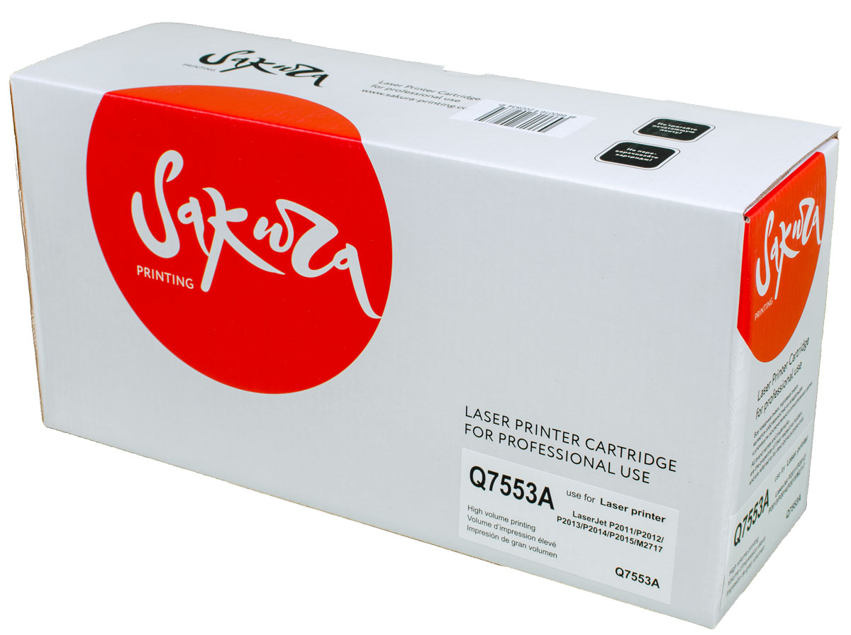 Sakura Q7553A, Black тонер-картридж для HP LaserJet P2011/P2012/P2013/P2014/P2015/M2717SAQ7553A Sakura Q7553A, Black тонер-картридж для HP LaserJet P2011/P2012/P2013/P2014/P2015/M2717SAQ7553AТонер-картридж Sakura Q7553A для лазерных принтеров HP LaserJet P2011/P2012/P2013/P2014/P2015/M2717 является альтернативным решением для замены оригинальных картриджей. Он печатает с тем же качеством и имеет тот же ресурс, что и оригинальный картридж. В картриджах компании Sakura используется химический синтезированный тонер, который в отличие от дешевого тонера из перемолотого полимера, не царапает, а смазывает печатающий вал, что приводит к возможности многократных перезаправок картриджей. Такой подход гарантирует долгий срок службы принтера, превосходное качество и стабильность печати.Тонер-картриджи Sakura производятся при строгом соответствии стандартам ISO 9001 и ISO 14001, что подтверждено международными сертификатами.