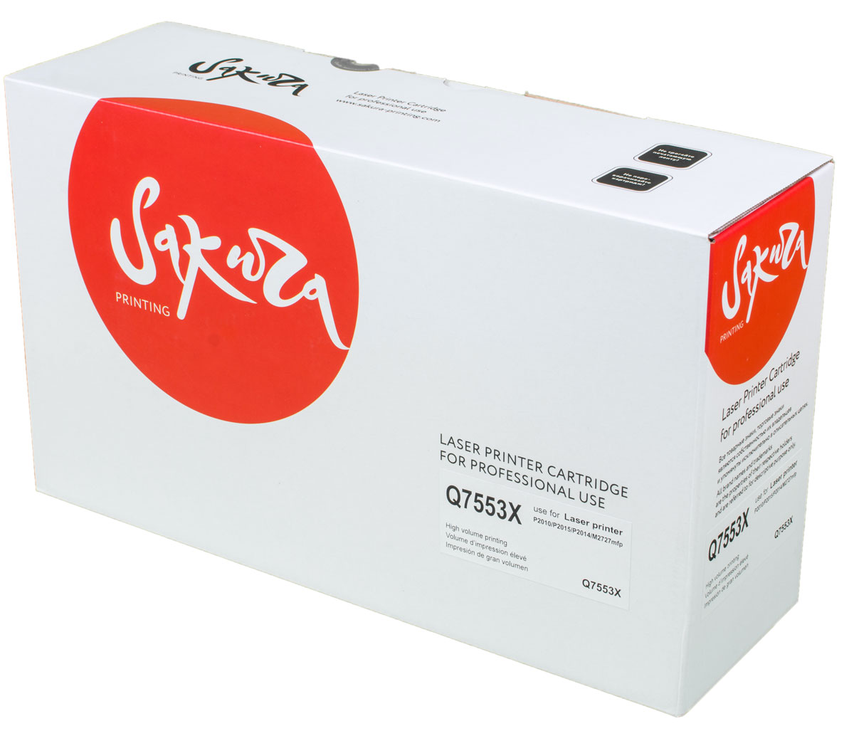 Sakura Q7553X, Black тонер-картридж для HP LaserJet P2010/P2015/P2014/M2727SAQ7553X Sakura Q7553X, Black тонер-картридж для HP LaserJet P2010/P2015/P2014/M2727SAQ7553XТонер-картридж Sakura Q7553X для лазерных принтеров HP LaserJet P2010/P2015/P2014/M2727 является альтернативным решением для замены оригинальных картриджей. Он печатает с тем же качеством и имеет тот же ресурс, что и оригинальный картридж. В картриджах компании Sakura используется химический синтезированный тонер, который в отличие от дешевого тонера из перемолотого полимера, не царапает, а смазывает печатающий вал, что приводит к возможности многократных перезаправок картриджей. Такой подход гарантирует долгий срок службы принтера, превосходное качество и стабильность печати.Тонер-картриджи Sakura производятся при строгом соответствии стандартам ISO 9001 и ISO 14001, что подтверждено международными сертификатами.