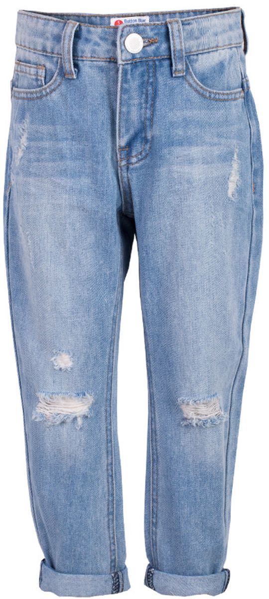 Джинсы для девочки Button Blue Main, цвет: голубой. 117BBGC6303D200. Размер 98, 3 года117BBGC6303D200 Джинсы для девочки Button Blue Main, цвет: голубой. 117BBGC6303D200. Размер 98, 3 года117BBGC6303D200Классные джинсы с потертостями и повреждениями — гарантия модного современного образа! Хороший крой,удобная посадка на фигуре подарят девочке комфорт и свободу движений. Если вы хотите купить ребенку недорогие джинсы силуэта бойфренд, модель от Button Blue - прекрасный выбор!