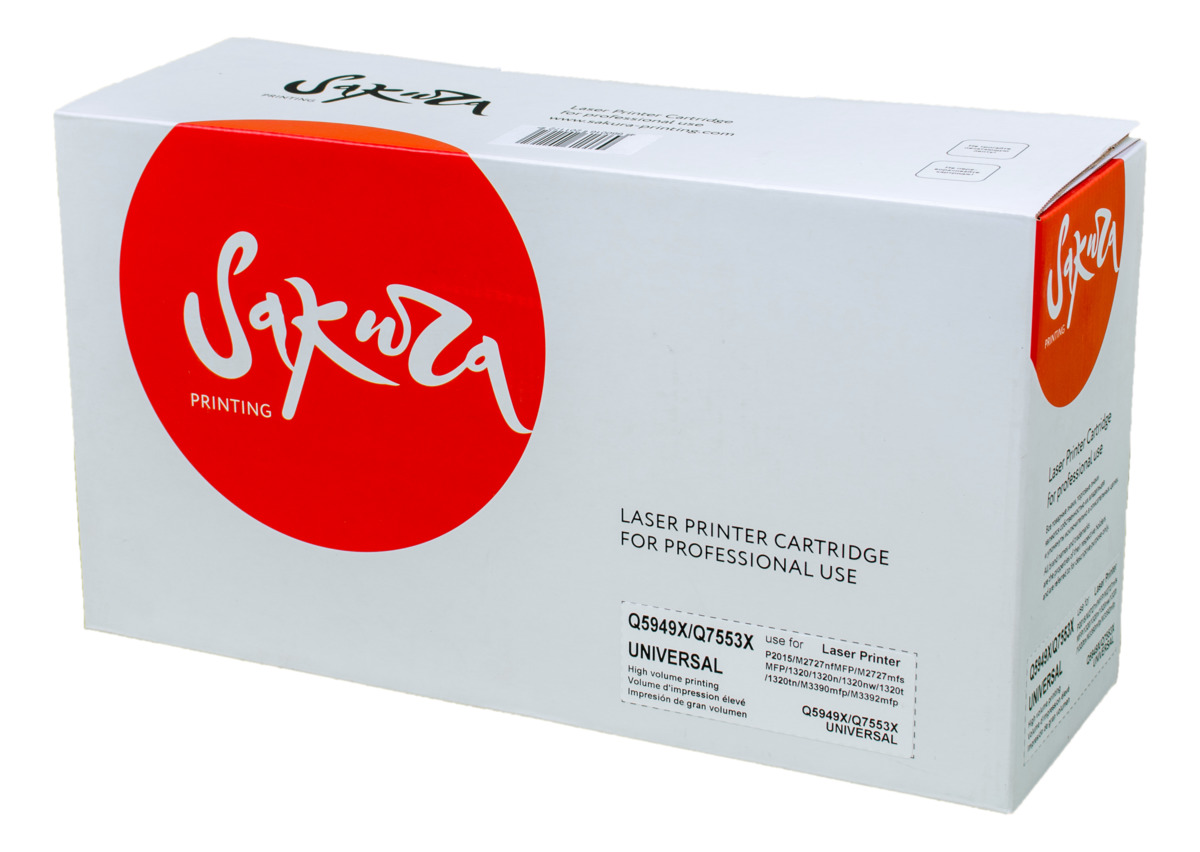 Sakura Q5949X/Q7553X, Black тонер-картридж для HP LaserJet P2015/M2727/1320/M3390mfp/M3392mfpSAQ5949X/Q7553X Sakura Q5949X/Q7553X, Black тонер-картридж для HP LaserJet P2015/M2727/1320/M3390mfp/M3392mfpSAQ5949X/Q7553XТонер-картридж Sakura Q5949X/Q7553X для лазерных принтеров HP LaserJet P2015/M2727/1320/M3390mfp/M3392mfp является альтернативным решением для замены оригинальных картриджей. Он печатает с тем же качеством и имеет тот же ресурс, что и оригинальный картридж. В картриджах компании Sakura используется химический синтезированный тонер, который в отличие от дешевого тонера из перемолотого полимера, не царапает, а смазывает печатающий вал, что приводит к возможности многократных перезаправок картриджей. Такой подход гарантирует долгий срок службы принтера, превосходное качество и стабильность печати.Тонер-картриджи Sakura производятся при строгом соответствии стандартам ISO 9001 и ISO 14001, что подтверждено международными сертификатами.