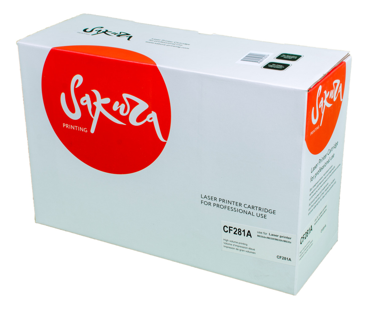 Sakura CF281A, Black тонер-картридж для HP LaserJet Enterprise M630dn/M630f/M630h/M630zSACF281A Sakura CF281A, Black тонер-картридж для HP LaserJet Enterprise M630dn/M630f/M630h/M630zSACF281AТонер-картридж Sakura CF281A для лазерных принтеров HP LaserJet Enterprise M630dn/M630f/M630h/M630z является альтернативным решением для замены оригинальных картриджей. Он печатает с тем же качеством и имеет тот же ресурс, что и оригинальный картридж. В картриджах компании Sakura используется химический синтезированный тонер, который в отличие от дешевого тонера из перемолотого полимера, не царапает, а смазывает печатающий вал, что приводит к возможности многократных перезаправок картриджей. Такой подход гарантирует долгий срок службы принтера, превосходное качество и стабильность печати.Тонер-картриджи Sakura производятся при строгом соответствии стандартам ISO 9001 и ISO 14001, что подтверждено международными сертификатами.