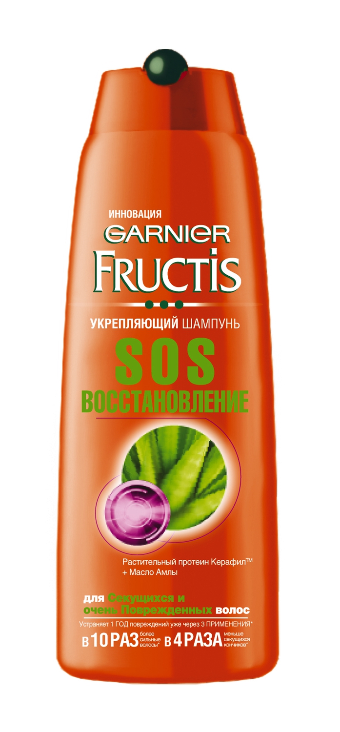 Garnier Fructis Шампунь для волос Фруктис, SOS Восстановление, укрепляющий, для секущихся и очень поврежденных волос, 400 мл, с Керафилом и Маслом АмлыC4634121 Garnier Fructis Шампунь для волос Фруктис, SOS Восстановление, укрепляющий, для секущихся и очень поврежденных волос, 400 мл, с Керафилом и Маслом АмлыC4634121Устраняет 1 год повреждений волос уже через 3 применения. Секрет формулы: 2 активных ингридиента - 2 действия. Действие внутри волоса: растительный протеин Керафил, идентичный волокну волоса, восстанавливает структуру волоса и укрепляет его, заполняя микротрещенки и поврежденные участки. Действие на поверхности волоса: масло крыжовника Амлы восстанавливает поверхность волоса. Оно запечатывает поврежденные чешуйки и запаивает секущиеся кончики, повышая эластичность волоса и сопротивляемость внешним повреждениям. Результат: Устраняет 1 год повреждений уже через 3 применения. В 10 раз более сильные волосы. В 4 раза меньше секущихся кончиков.
