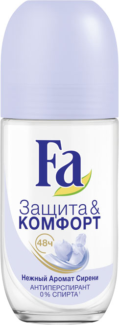 Fа Роликовый антиперспирант Защита & Комфорт Аромат Сирени 50 мл1212194521 Fа Роликовый антиперспирант Защита & Комфорт Аромат Сирени 50 мл1212194521• Надежная защита: длительная защита против пота и запаха до 48 часов• Бережная защита: новая формула с Технологией Сухих Масел регулирует потоотделение, защищая кожу от пересушивания, – для ощущения мягкости кожи• Нежный и деликатный аромат сирени• 0% спирта• Против пятен• Бережное воздействие на кожу дерматологически протестировано