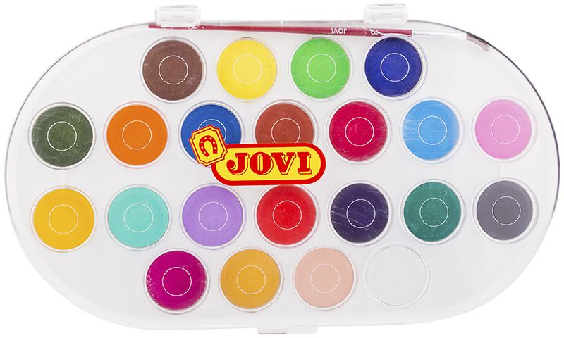 Jovi Акварель 22 цвета830/22 Jovi Акварель 22 цвета830/22Высококачественная акварель Jovi предназначена для рисования дома, в школе, в художественных студиях, подходит для разных техник рисования. Крышка одновременно может использоваться как палитра для смешивания красок, кисть в комплекте. Спрессованные таблетки диаметром 30 мм (вес 4,8 г) с высоким содержанием пигмента. Гораздо более экономичные, чем полусухая акварель в кюветах. Легко разводятся: при добавлении небольшого количества воды цвета получаются очень насыщенными и яркими, а увеличение количества воды приводит к эффектам, типичным для техники акварели. Хорошо ложатся на поверхность. Могут использоваться для рисования на различных поверхностях: бумаге различной плотности, картоне, для раскрашивания просохших фигурок из пасты для лепки, застывающей на воздухе, или из папье-маше. Краски отстирываются с большинства видов тканей.