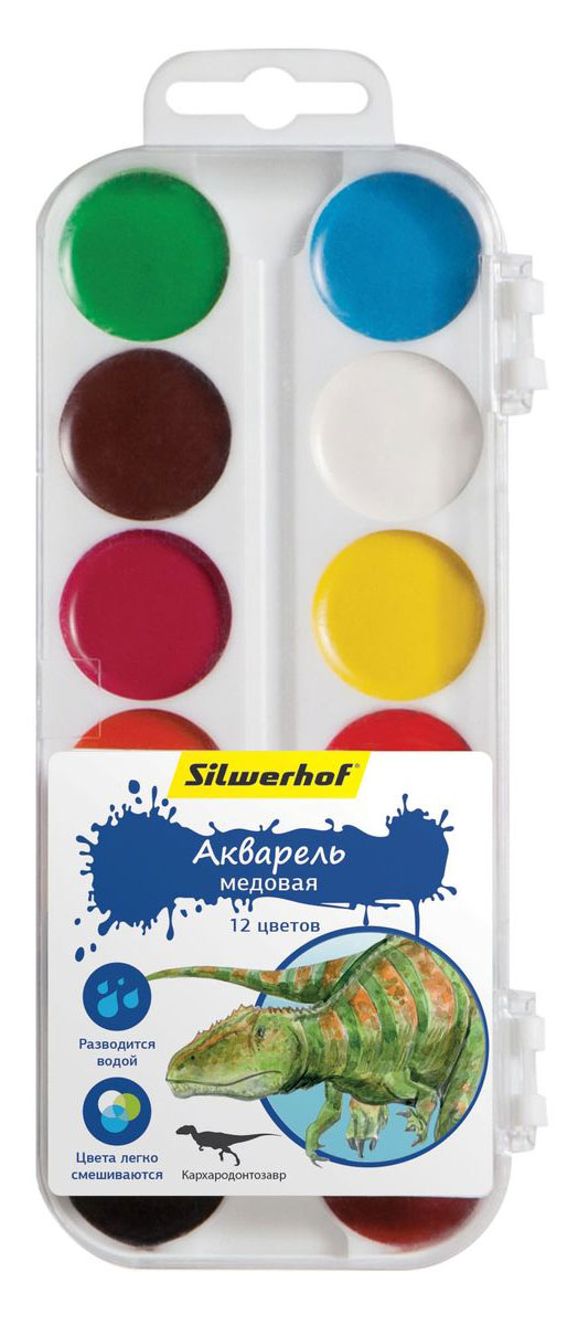 Silwerhof Акварель медовая Динозавры 12 цветов961125-12 Silwerhof Акварель медовая Динозавры 12 цветов961125-12Медовая акварель Silwerhof позволит вашему малышу проявить весь свой творческий потенциал.В наборе - двенадцать разноцветных красок. Они прекрасно подходят для детского творчества и декоративных работ по холсту, бумаге и картону. Краски мягко ложатся на бумагу, оставляя яркий и четкий цвет. Они непременно порадуют юного художника своим качеством и насыщенностью цвета, а красочная коробочка поднимет ребенку настроение!Состав: декстрин, глицерин дистиллированный, сахар, мел, пигменты, консервант, вода питьевая.