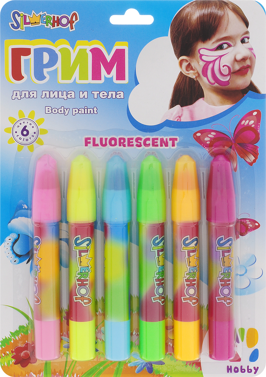 Silwerhof Грим для лица и тела Hobby Флуоресцентный 6 цветов899072 Silwerhof Грим для лица и тела Hobby Флуоресцентный 6 цветов899072Грим Silwerhof Hobby предназначен для нанесения на кожу лица и тела. Набор состоит из 6 флуоресцентных цветов (розовый, желтый, голубой, салатовый, оранжевый, малиновый). Краски легко наносятся и смываются водой с мылом. С помощью грима Silwerhof Hobby можно создавать невероятные и яркие образы для детского праздника или карнавала.