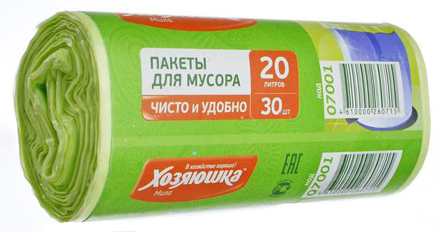 Пакеты для мусора Хозяюшка Мила, цвет: зеленый, 20 л, 30 шт07001-120 Пакеты для мусора Хозяюшка Мила, цвет: зеленый, 20 л, 30 шт07001-120Пакеты для мусора Хозяюшка Мила, выполненные из полиэтилена, обеспечивают чистоту и гигиену в квартире. Они удобны для сбора и удаления мусора, занимают мало места, практичны в использовании. Широко применяются в быту и на производстве. Специальная перфорация позволяет легко отделить пакет от рулона.Объем мешка: 20 л.Количество в упаковке: 30 шт.Длина мешка: 46,5 см.
