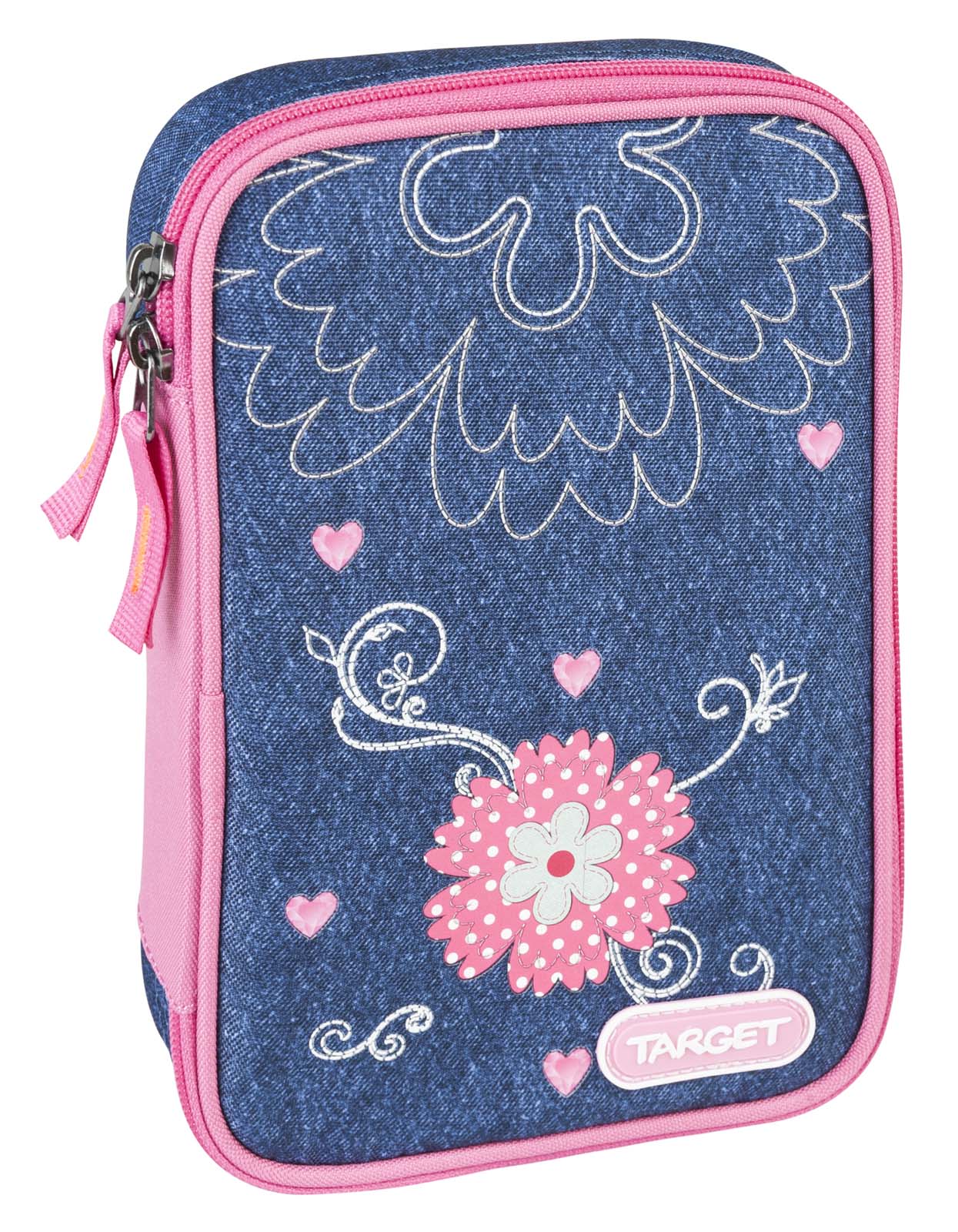 Target Collection Пенал Джинсовые цветы с наполнением17955 Target Collection Пенал Джинсовые цветы с наполнением17955Пенал с канцтоварами Target Collection Джинсовые цветы выполнен из полиэстера. Он очень вместительный и с ярким дизайном. У пенала одно отделение на молнии с 1 откидной плотной створкой. В наполнение пенала входит: 1 шариковая ручка, 1 чернографитных карандаша, 2 чернил для перьевой ручки, 12 цветных карандашей бренда Staedtler (Германия), 6 трехгранных цветных карандашей бренда Staedtler (Германия) и линейка, ластик и точилка.