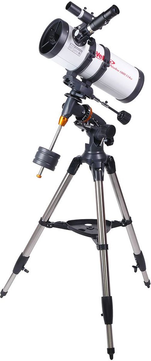 Veber 1000/114 EQ PolarStar телескоп23384 Veber 1000/114 EQ PolarStar телескоп23384Телескоп Veber Polarstar 1000/114 EQ — оптимальная модель для серьезных, но начинающих любителей астрономии.Зеркало диаметром 114 мм достаточно велико, чтобы собирать много света (в этот телескоп вы сможете увидеть объекты солнечной системы во всех подробностях — таких как щель Кассини в кольце Сатурна, лунные кратеры размером около 5 км, слабые звезды до 13 м звездной величины). Однако, габариты прибора вполне домашние, длина трубы всего 42 см.С окуляром PL25 вы получите увеличение 40х, с которым удобно вести наземные наблюдения. При этом ближняя точка фокусировки составит всего 12 м.Очень стильное исполнение телескопа: белая глянцевая металлическая труба в обрамлении выглядящих брутально, металлическая монтировка с декоративными оранжевыми элементами, мощный штатив из полированной нержавейки… Удобный 90 градусный искатель (увеличение 6х) расположен рядом с окуляром.Прибор оснащен монтировкой немецкого типа EQ5 с возможностью подключения электропривода (для постоянного наблюдения за выбранным объектом). Многие другие фирмы, в целях удешевления, устанавливают такие телескопы на монтировку EQ1, которая является для них откровенно слабой. Вся конструкция: телескоп-монтировка-штатив должна быть достаточно жесткой и гасить дрожания и колебания которые мешают наблюдениям. В данном телескопе стальной штатив имеет еще и дополнительные распорки, на которые устанавливается столик для аксессуаров.