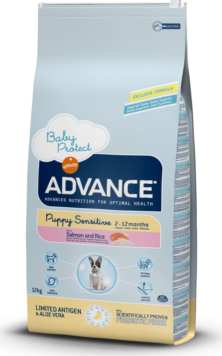 Корм сухой Advance Puppy Sensitive для щенков с чувствительным пищеварением, с лососем и рисом, 12 кг13080/920179 Корм сухой Advance Puppy Sensitive для щенков с чувствительным пищеварением, с лососем и рисом, 12 кг13080/920179Advance - высококачественный корм супер-премиум класса испанской компании Affinity Petcare, которая занимает лидирующие места на европейском и мировом рынках. Корм разработан с учетом всех особенностей развития и жизнедеятельности собак и кошек. В линейке кормов Advance любой хозяин может подобрать необходимое питание в соответствии с возрастом и уникальными особенностями своего животного, а также в случае назначения специалистами ветеринарной диеты. Affinity Petcare имеет собственную лабораторию, а также сотрудничает с множеством международных исследовательских центров, благодаря чему специалисты постоянно совершенствуют рецептуру и полезные свойства своих кормов. В составе главным источником белка является СВЕЖЕЕ мясо, благодаря которому корм обладает высокими вкусовыми качествами, а также высокой питательной ценностью. Состав: лосось (18%), маис, рис (14%), дегидрированный белок лосося, маисовый глютен, животный жир, гидролизованный белок животного происхождения, картофельный протеин, дрожжи, гидролизованный коллаген, свекольный жом, растительные волокна, хлористый калий, фруктоолигосахариды (0.43%), рыбий жир, карбонат кальция, соль, алоэ вера (0.005%). Товар сертифицирован.