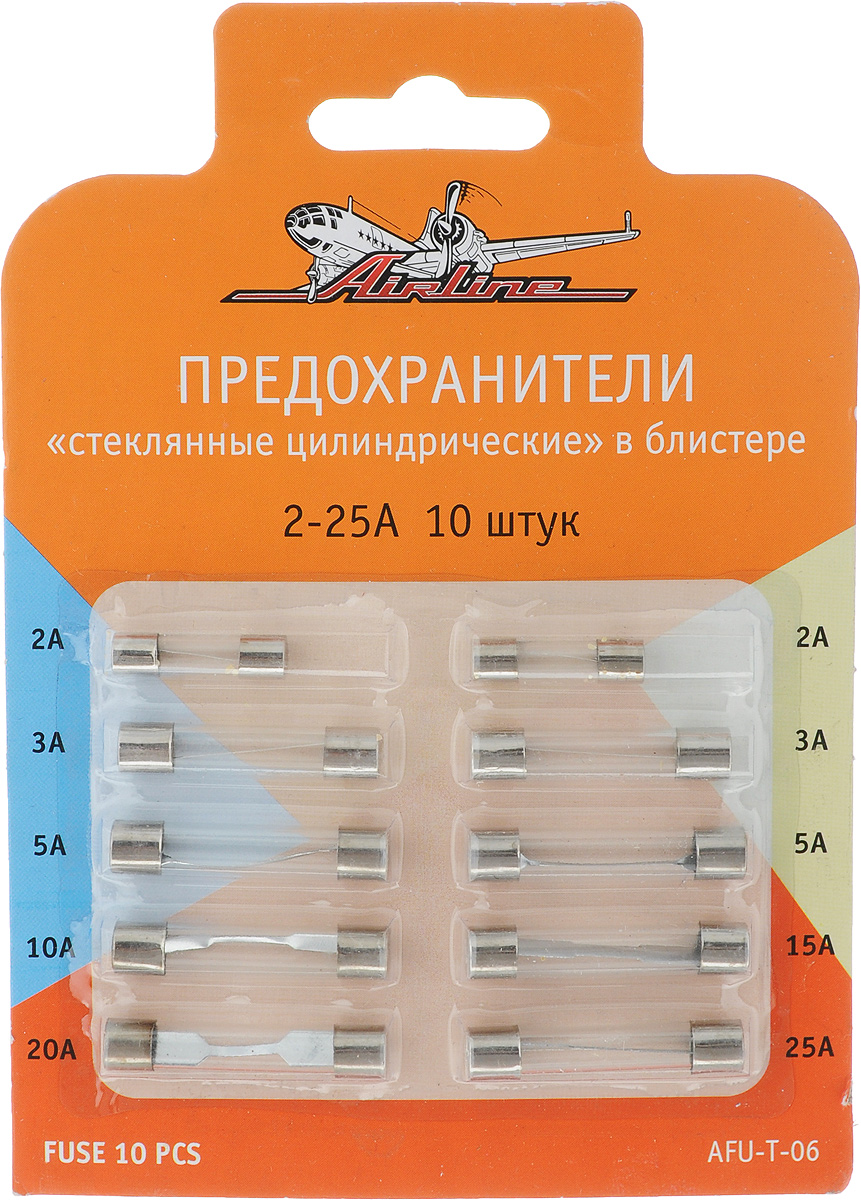 Набор предохранителей Airline, 10 штAFU-T-06 Набор предохранителей Airline, 10 штAFU-T-06Набор Airline состоит из 10 предохранителей для электрической цепи аккумулятора автомобиля. Предохранители имеют форму цилиндра и стеклянную оболочку. Данные предохранители широко распространены и используются не только в автомобилях, но и других многочисленных технических устройствах. Плавкая вставка изделия произведена из цинка, что является несомненным преимуществом предохранителей. Номинальный ток : от 2А до 25А. Размеры предохранителей: 5 х 5 х 20 мм, 5 х 5 х 30 мм, 6 х 6 х 32 мм.