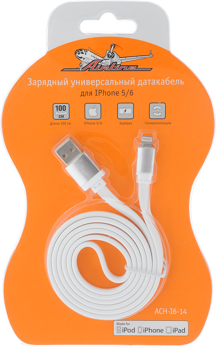 Датакабель зарядный Airline, универсальный, для IPhone 5/6ACH-I6-14 Датакабель зарядный Airline, универсальный, для IPhone 5/6ACH-I6-14Универсальный датакабель Airline позволяет заряжать мобильное устройство от электрической сети методом подсоединения к зарядному кубику, от гнезда USB 5V дома и в автомобиле, а также дает возможность синхронизировать телефон с компьютером. Кабель выполнен из материалов с высокими показателями качества. Подходит для IPhone 5/6. Длина кабеля: 100 см.