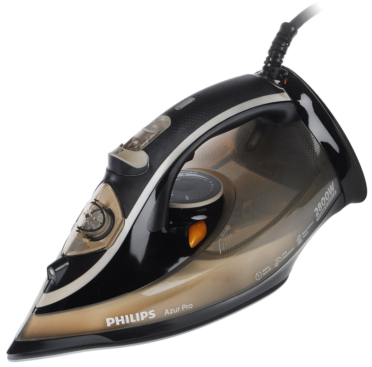 Philips GC4879/00 утюгGC4879/00 Philips GC4879/00 утюгGC4879/00Паровой утюг Azur Pro обеспечивает мощную подачу пара, чтобы вы могли легко и быстро справиться с глажением. Процесс станет проще благодаря невероятно гладкому скольжению, увеличенному резервуару для воды и встроенному контейнеру для накипи.Мощность 2800 Вт обеспечивает быстрый нагрев и безупречное глаженье.Постоянная подача пара до 50 г/мин обеспечивает оптимальное количество пара для эффективного разглаживания складок.Благодаря продуманной конструкции ручки с мягким покрытием процесс глаженья станет намного более комфортным.Резервуар увеличенного объема (350 мл) позволяет реже доливать воду. Вы сможете погладить больше одежды за один раз.Специальный встроенный контейнер собирает частицы накипи во время глажения. В процессе самоочистки накипь вымывается из утюга для обеспечения великолепных результатов глажения день за днем.Паровой утюг выключается автоматически, если оставлен без присмотра. Прибор выключится через 8 минут, если оставлен в вертикальном положении, или через 30 секунд, если оставлен на подошве или лежит на боку.Длинный шнур 2,5 м не сковывает движения во время глаженья — вы сможете легко дотянуться до любого края гладильной доски.Паровой удар до 210 г для быстрого удаления даже самых жестких складок.Подошва SteamGlide Plus гарантирует идеальное скольжение, а специальные отверстия обеспечивают равномерное распределение пара.Пар, обогащенный ионами серебра, обеспечивает оптимальные результаты и гигиеничность обработки всех типов тканей, допускающих глажение.