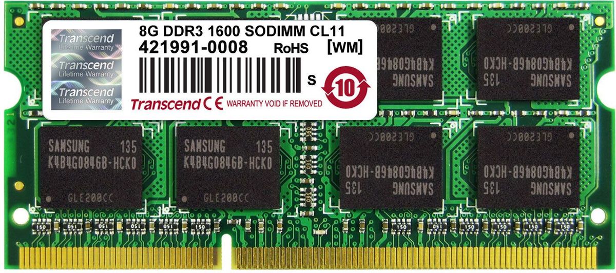 Transcend DDR3 SODIMM 8GB 1600МГц модуль оперативной памятиTS1GSK64V6H Transcend DDR3 SODIMM 8GB 1600МГц модуль оперативной памятиTS1GSK64V6HМиниатюрные размеры модуля памяти Transcend DDR3 SODIMM 8GB делают его подходящим для использования в ноутбуках. Частота 1600 МГц обеспечивает его высокую производительность (этот параметр легко можно отследить с помощью стандартного теста, проведенного любой операционной системой). Установка проста, не занимает много времени и не требует от вас наличия специальных знаний и умений. Модуль изготовлен из высококачественного текстолита, благодаря чему обладает очень высокой прочностью и долговечностью.Количество ранков: 2