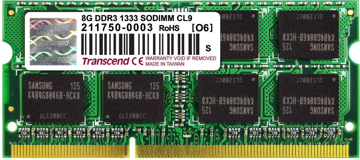 Transcend DDR3 SODIMM 8GB 1333МГц модуль оперативной памятиTS1GSK64V3H Transcend DDR3 SODIMM 8GB 1333МГц модуль оперативной памятиTS1GSK64V3HМиниатюрные размеры модуля памяти Transcend DDR3 SODIMM 8GB делают его подходящим для использования в ноутбуках. Частота 1333 МГц обеспечивает его высокую производительность (этот параметр легко можно отследить с помощью стандартного теста, проведенного любой операционной системой). Установка проста, не занимает много времени и не требует от вас наличия специальных знаний и умений. Модуль изготовлен из высококачественного текстолита, благодаря чему обладает очень высокой прочностью и долговечностью.Количество ранков: 2