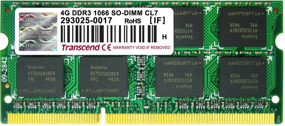 Transcend DDR3 SO-DIMM 4GB 1066МГц модуль оперативной памяти (TS512MSK64V1N)TS512MSK64V1N Transcend DDR3 SO-DIMM 4GB 1066МГц модуль оперативной памяти (TS512MSK64V1N)TS512MSK64V1NМиниатюрные размеры модуля памяти Transcend DDR3 SODIMM 4GB делают его подходящим для использования в ноутбуках. Частота 1066 МГц обеспечивает его высокую производительность (этот параметр легко можно отследить с помощью стандартного теста, проведенного любой операционной системой). Установка проста, не занимает много времени и не требует от вас наличия специальных знаний и умений. Модуль изготовлен из высококачественного текстолита, благодаря чему обладает очень высокой прочностью и долговечностью.