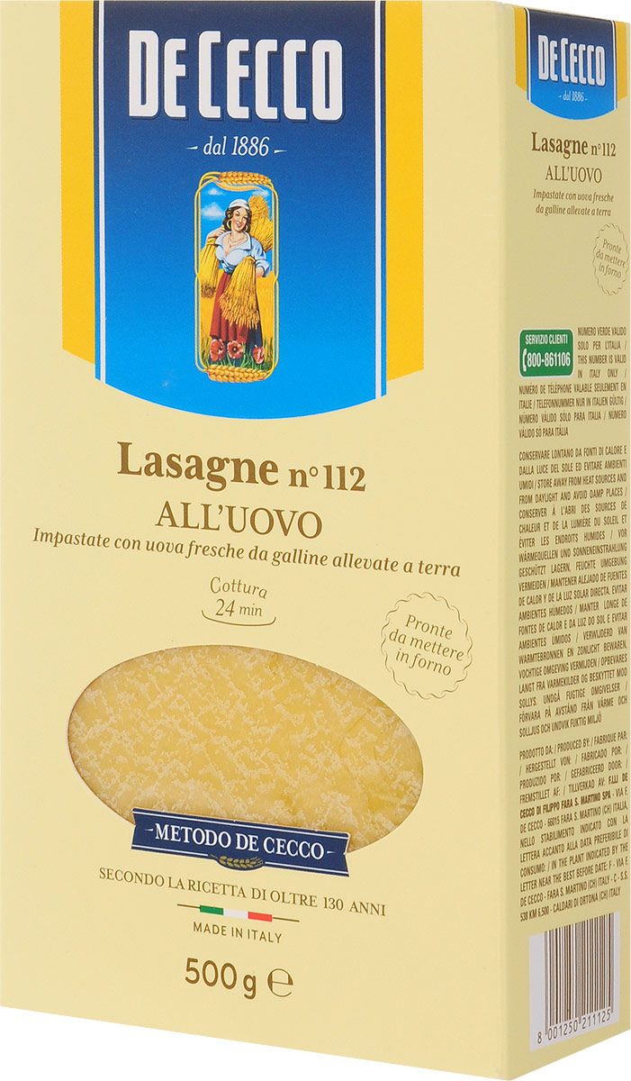 De Cecco паста лазанья с добавлением яйца №112, 500 г8001250211125 De Cecco паста лазанья с добавлением яйца №112, 500 г8001250211125Согласно древнему правилу, для приготовления яичной пасты De Cecco используются исключительно натуральные свежие яйца (около трех дней после снесения), охлажденные до температуры 2-3 °С.Лазанья родом из северной и центральной Италии, имеют форму в виде широких, плоских пластин. Это один из древнейших видов макаронных изделий - появились в 10 веке н.э. Вероятнее всего, название произошло от латинского Lagana, которое в свою очередь произошло от греческого laganon (большой пласт теста нарезанный полосками).Лазанья отлично сочетается с рагу по-неаполитански с сыром рикотта или с соусом из дичи.