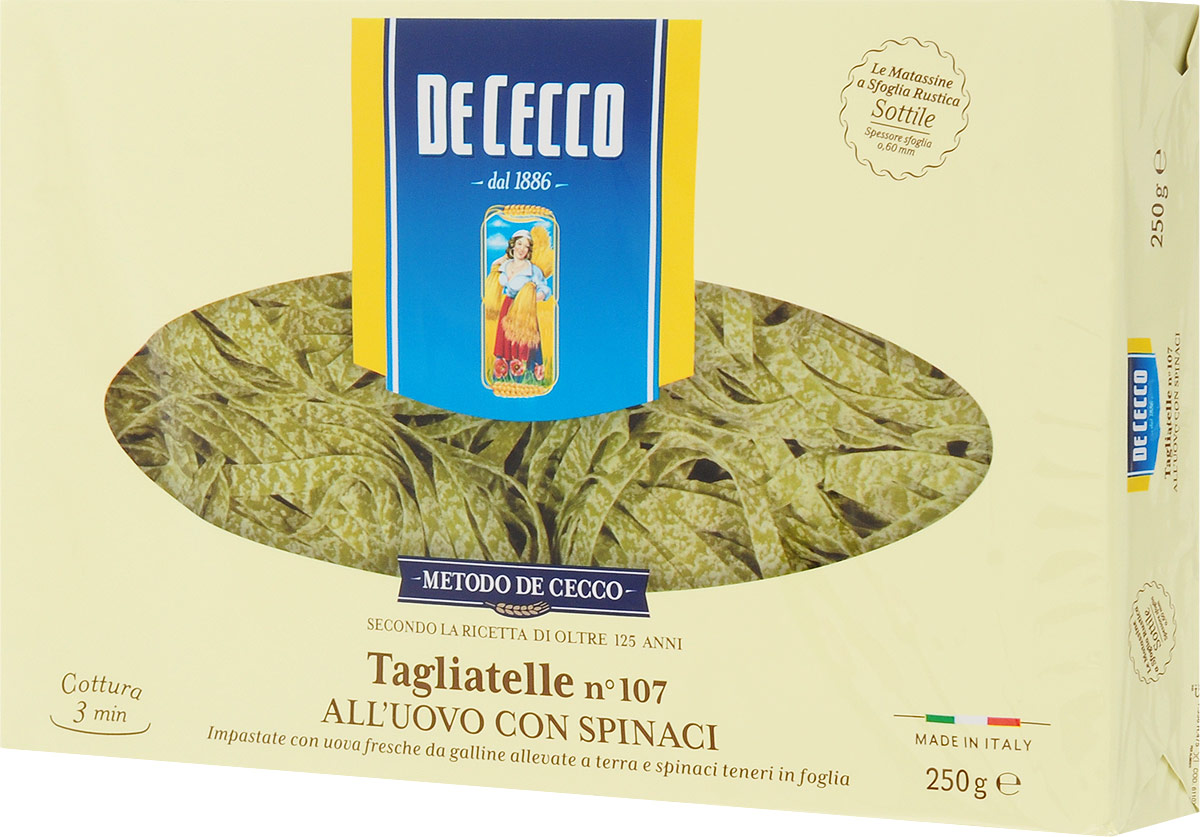 De Cecco паста тальятелле со шпинатом с добавлением яйца, 250 г8001250501073 De Cecco паста тальятелле со шпинатом с добавлением яйца, 250 г8001250501073Яичная паста тальятелле с добавлением шпината из твердых сортов более крепкая, не превращается в клейкую массу и подходит для большинства блюд итальянской кухни. Яичная паста более нежная и часто используется для приготовления в духовке.Паста-любимая еда итальянцев. Происхождение макарон относят к этрусским временам, что оказывается на 500 лет раньше китайской лапши.