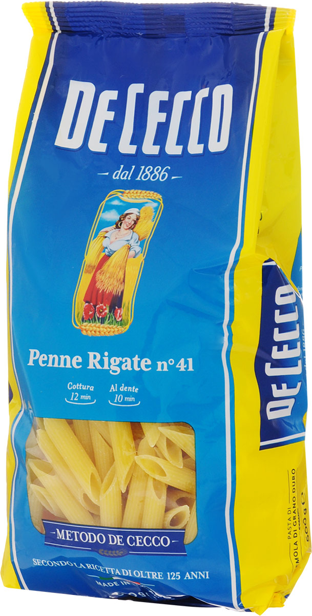 De Cecco паста пенне ригате №41, 500 г8001250120410 De Cecco паста пенне ригате №41, 500 г8001250120410Это разновидность пасты пенне, относится к семейству короткой пасты, с косыми (по диагонали) срезами и ребристой поверхностью. Их диаметр примерно 8 мм, длина - 39 мм и толщина от 1,22 мм до 1,28 мм.Паста прекрасно подходит для приготовления запеканок, с соусом из свинины, говядины или на основе таких овощей, как кабачки, сладкий перец и артишоки.