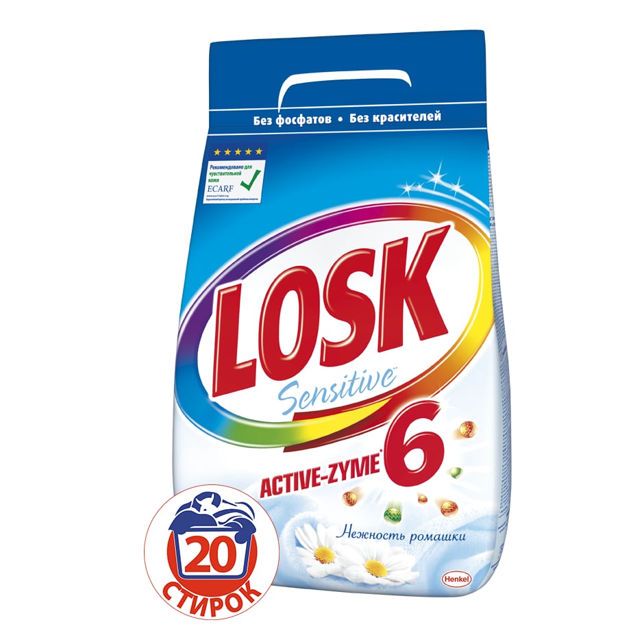 Порошок стиральный Losk Active-Zyme 6 Sensitive, нежность ромашки, 3 кг935232 Порошок стиральный Losk Active-Zyme 6 Sensitive, нежность ромашки, 3 кг935232Для чистоты и свежести Ваших вещей в сочетании с заботой о нежной коже.LOSK Active-Zyme6 Sensitive - дарит ощущение нежного аромата ромашки, а входящие в состав 6 активных энзимов эффективно воздействуют на различные типы загрезнений и ухаживают за тканью. LOSK Active-Zyme6 Sensitive - дерматологически протестирован и подходит для стирки белья людей с чувствительной кожей, что подтверждено Европейским центром исследований проблем аллергии (ECARF).