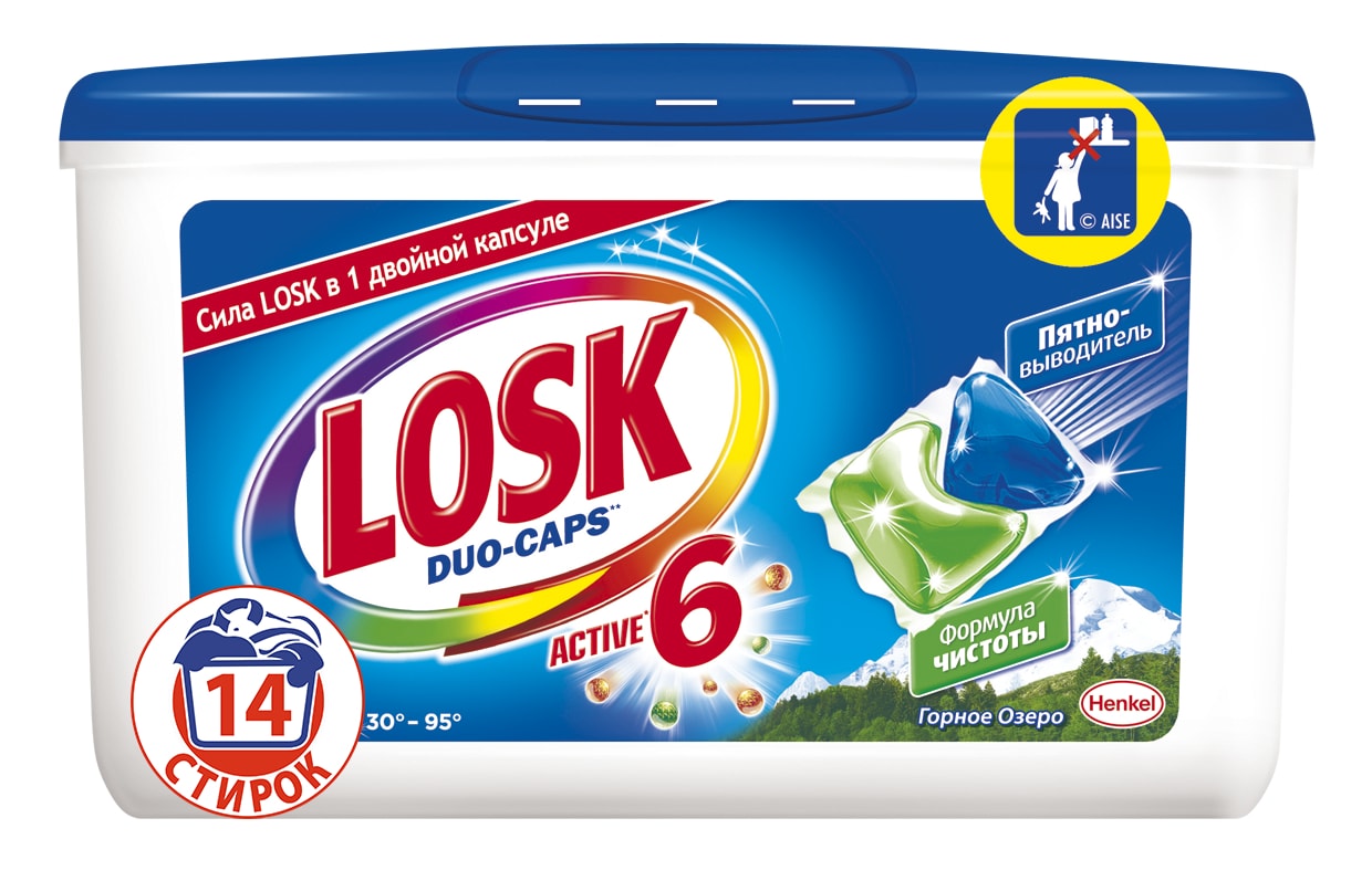 Капсулы для стирки Losk Duo-Caps, 14 шт935251 Капсулы для стирки Losk Duo-Caps, 14 шт935251Для белого и светлого белья. LOSK Active 6 Двойная капсула - последнее поколение средств для стирки LOSK, содержащее 6 активных компонентов, каждый из которых эффективно справляется с различными видами загрязнений. Результат стирки – чистота и свежий аромат вещей. Капсулы LOSK соединяют в себе две уникальные концентрированные формулы, которые начинают действовать сразу после растворения. Одна часть капсулы содержит Формулу Чистоты для белоснежной чистоты белья, а вторая часть капсулы содержит пятновыводитель для удаления даже самых трудных загрязнений.С LOSK Дуо-Капс дозирование и сама стирка становятся просто элементарными: помещаете капсулу в барабан стиральной машины вместе с вещами, устанавливаете нужный режим и запускаете стирку. Готово! 1 капсула – 1 стирка!