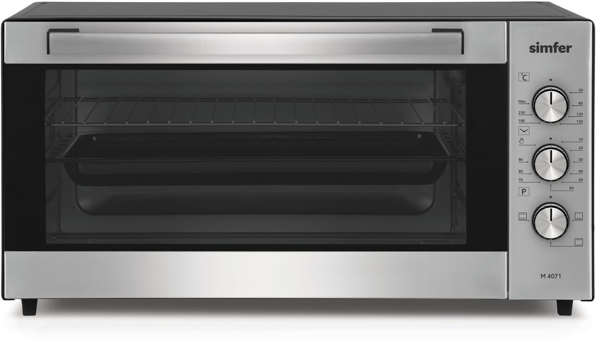 Simfer M4071 мини-печьM4071 Simfer M4071 мини-печьM4071Полезный объем для приготовления блюд 40 л3 режима работыФункции - нижний нагрев, верхний нагрев, ниж.+верх. нагревМеханическое управлениеТаймер на 90 мин.Акустическии? сигнал окончания времени приготовления при работе таймераТермостат (t нагрева 0–250°С)Дверца - стекло Комплектация: 2 противня (стандартный и глубокий с антипригарным покрытием), хромированная решетка Мощность: 1300 Вт Вес: 8,8 кгЦвет продукта: нержавеющая стальГабаритные размеры (ВхШхГ), мм:300х575х360