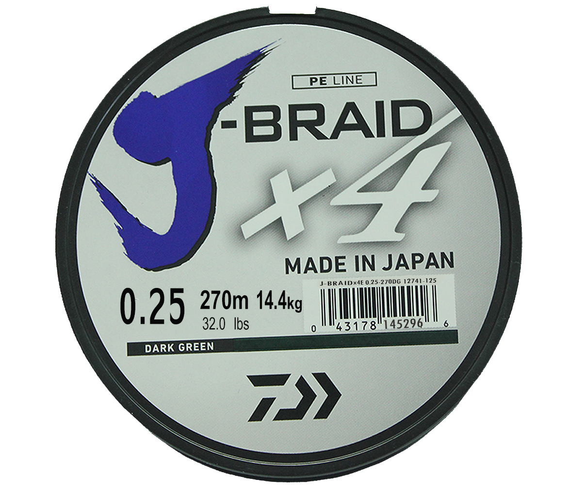 Шнур плетеный Daiwa J-Braid X4, цвет: зеленый, 270 м, 0,25 мм