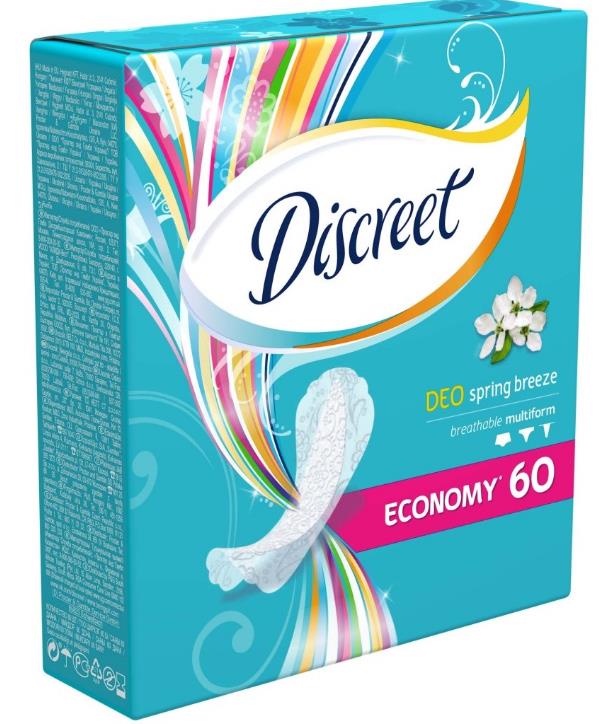 Discreet Ежедневные гигиенические прокладки Deo spiring breeze, мультиформ, 60 шт0100 Discreet Ежедневные гигиенические прокладки Deo spiring breeze, мультиформ, 60 шт0100Ежедневные гигиенические прокладки Discreet Deo Весенний бриз с ароматом весеннего бриза. Они такие тонкие и мягкие, что вы их даже не почувствуете, а приятный тонкий аромат подарит вам ощущение свежести на каждый день. Ежедневные гигиенические прокладки Discreet подходят для любого типа белья, будь то танга, стринги, шортики или слипы.