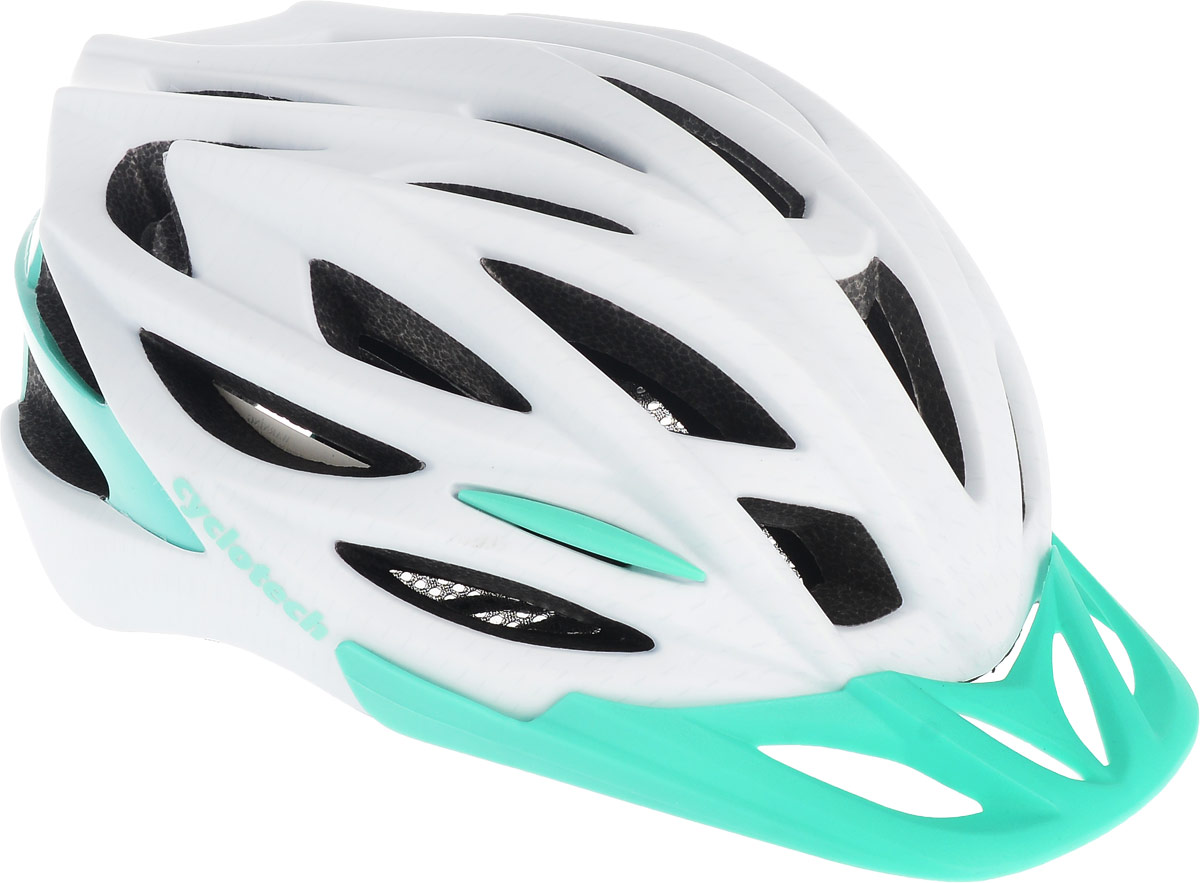 Шлем велосипедный Cyclotech, цвет: белый, изумрудный. Размер MCHLI15W-M Шлем велосипедный Cyclotech, цвет: белый, изумрудный. Размер MCHLI15W-MЖенский велосипедный шлем продвинутого уровня Cyclotech изготовлен по современной технологии Inmold. За счет применения данной технологии шлем становится значительно более устойчивым к боковым и фронтальным ударам, как тупыми, так и острыми предметами (камни, скальные породы). Улучшенная система вентиляции. Шлем соответствует международным стандартам безопасности и надежности.Обхват головы: 54-58 см.