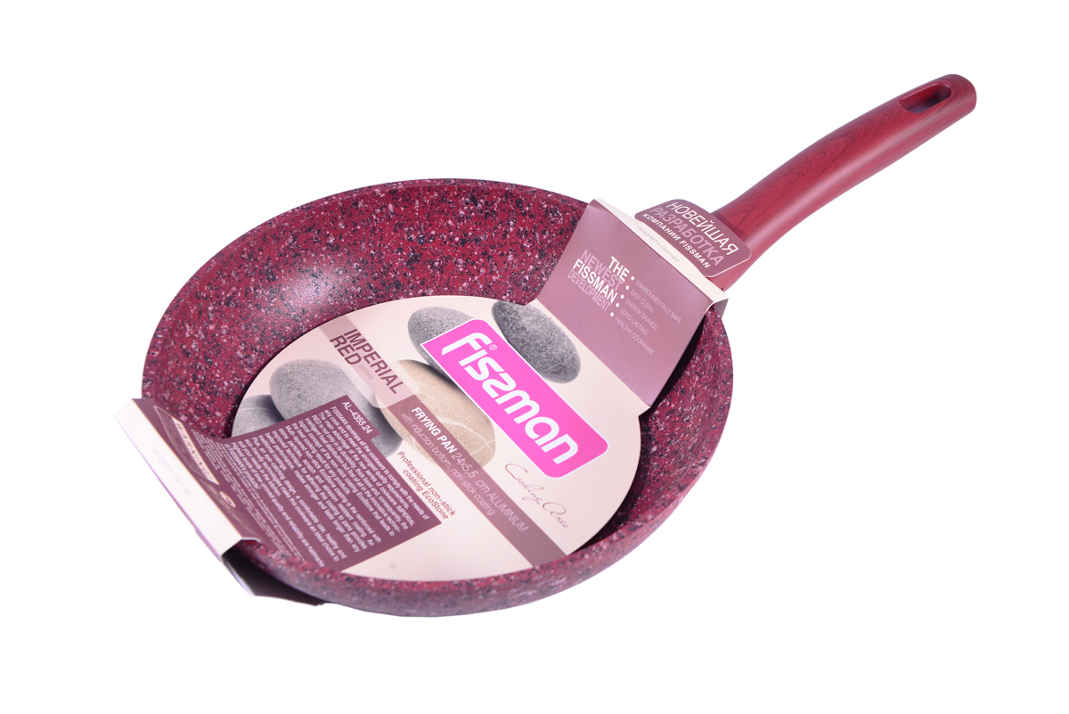 Сковорода Fissman Imperial Red, с антипригарным покрытием. Диаметр 26 смAL-4356.26 Сковорода Fissman Imperial Red, с антипригарным покрытием. Диаметр 26 смAL-4356.26Сковорода Fissman Imperial Red изготовлена из литого алюминия с многослойным антипригарным покрытием EcoStone, которое усилено вкраплением каменных частиц. Первый слой улучшает сцепление покрытия с металлом, второй слой - грунтовый, третий слой - более прочное покрытие на основе минеральных компонентов, четвертый слой - высокопрочное антипригарное покрытие, усиленное вкраплением каменных частиц, пятый дополнительный антипригарный слой с керамическими частицами. Главное преимущество покрытия - это устойчивость к царапинам и износу. Также покрытие безопасно для здоровья человека и окружающей среды. Утолщенное дно сковороды рационально распределяет тепло, что позволяет продуктам готовиться быстро и равномерно. Приятная на ощупь ручка из бакелита не нагревается и не скользит в руках. Посуда серии Imperial Red - это уникальный модный дизайн и непревзойденное качество. Подходит для газовых, электрических, стеклокерамических, индукционных плит. Можно мыть в посудомоечной машине. Высота стенок: 5,5 см. Длина ручки: 19 см.