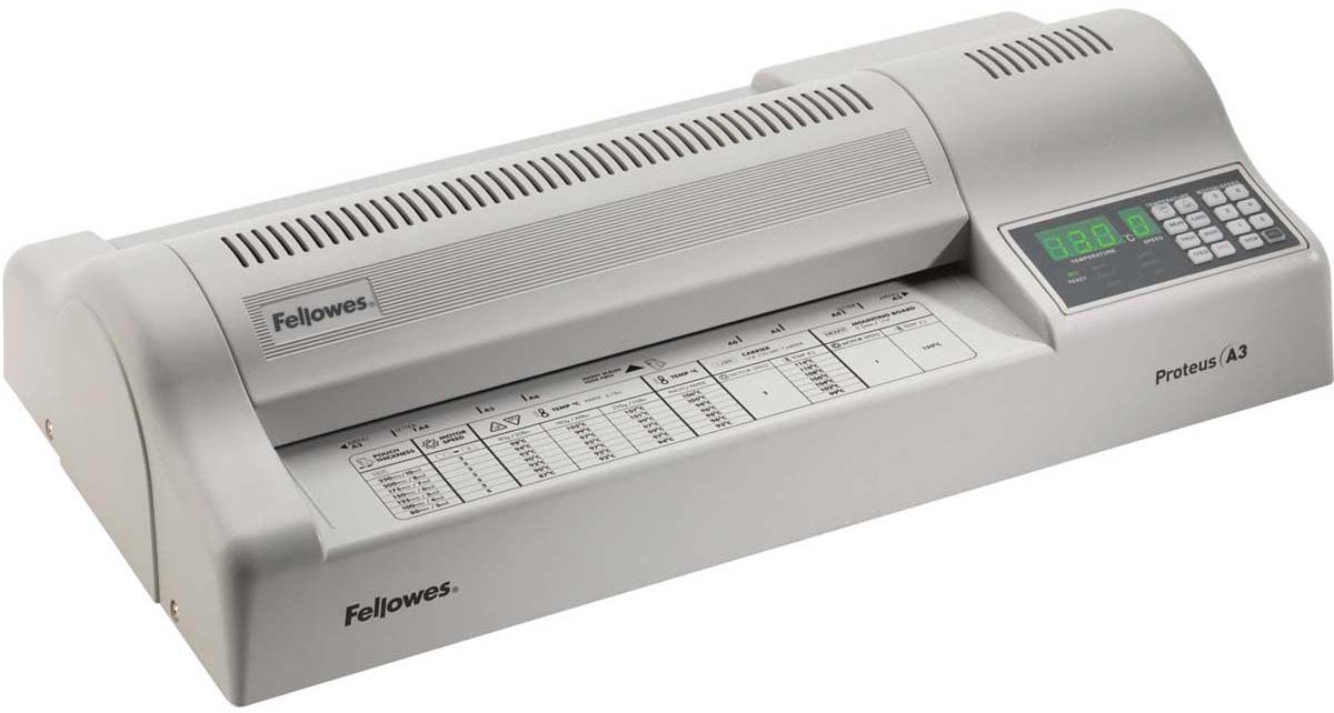 Fellowes Proteus А3 ламинаторFS-57090 Fellowes Proteus А3 ламинаторFS-57090Proteus A3 – Профессиональный ламинатор формата А3 для интенсивного использования в большом офисе.Ламинатор создан для пользователей, для которых качество ламинирования является приоритетом №1. Идеальные результаты достигаются при использовании 6 валов (4 вала внутреннего нагрева + 2 холодных) и точных установках температуры и скорости ламинирования.Функция реверса поможет изъять неправильно поданный документ.Основные характеристики:Диапазон плёнок 75 – 250 мкмАвтоматическая регулировка температуры и скоростиСкорость ламинирования до 95 см/мин.Время нагрева - 3 минГарантия 2 года