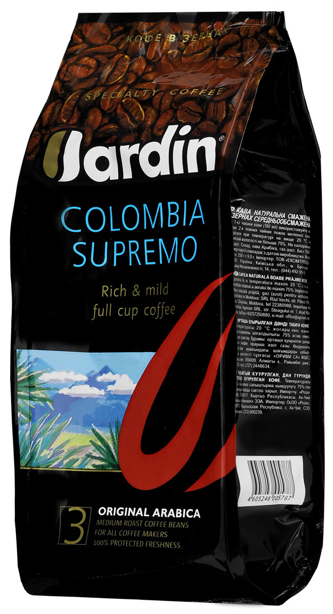 Jardin Colombia Supremo кофе в зернах, 250 г0578-15 Jardin Colombia Supremo кофе в зернах, 250 г0578-15Зерновой кофе Jardin Colombia Supremo отличается мягким шелковистым вкусом и послевкусием с нотами мускатного ореха.Кофе выращен на высокогорных плато Колумбии, открытых для солнца, но защищенных от сильных ветров.Уважаемые клиенты! Обращаем ваше внимание на то, что упаковка может иметь несколько видов дизайна. Поставка осуществляется в зависимости от наличия на складе.
