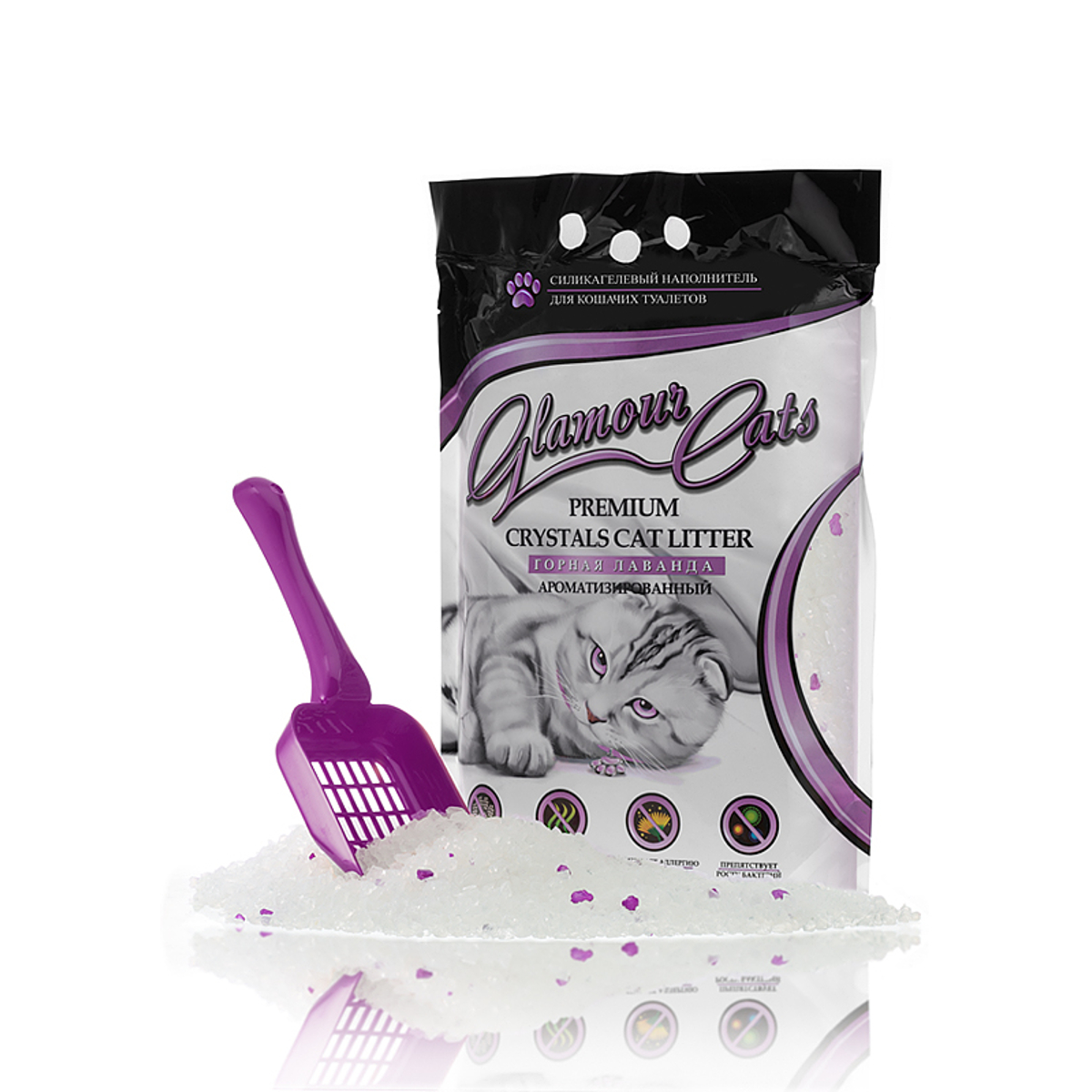 Наполнитель силикагелевый Glamour Cats, с ароматом лаванды, 3,8 л (1,7 кг)HS. 120002 Наполнитель силикагелевый Glamour Cats, с ароматом лаванды, 3,8 л (1,7 кг)HS. 120002Ароматизированный силикагелевый наполнитель Glamour Cats изготовлен из 100% натурального биологического вещества с добавлением природных ароматических кристаллов (лаванда). Микроструктура ароматизированного наполнителя поглощает до 100% всего объема запаха, быстро впитывает жидкость, препятствует распространению бактерий в лотке. Ароматизированные кристаллы сохраняют свежий аромат лаванды в течение всего время использования в лотке, что позволяет сохранить воздух в вашем доме чистым и свежим. Наполнитель безопасен для окружающей среды и не вызывает аллергии у людей и животных. Природный экстракт лаванды весьма любим подавляющим числом кошек. Особенности:1. Это революционный прорыв среди наполнителей в нейтрализации и в контроле над запахом. Обладает способностью замыкать неприятные запахи внутри кристаллов. Выделение запахов из использованного наполнителя в 5 раз меньше по сравнению с лучшими наполнителями, что доказано лабораторными тестами. 2. Поглощающая способность высшего качества благодаря адсорбирующим свойствам и пористой структуре силикагеля. Кристаллы впитывают влагу в течение секунд и не допускают испарения в атмосферу. 3. Предотвращает рост бактерий. Обладает бактерицидными и дезинфицирующими свойствами, способствует устранению болезнетворных микроорганизмов и бактерий. 4. Безопасен. Экологически чистый продукт. Нетоксичен. Безвкусен, не вызывает аллергии. Не наносит загрязнений окружающей среде. 5. Экономичное потребление. Упаковки объемом 3,8 литра хватает одной кошке на месяц. 6. Удобен в использовании. Кристаллическая форма гранул позволяет минимизировать разбрасывание. Мягкий для кошачьих лапок. Богатая пористая структура. Лоток вашего любимца всегда будет свеж и чист. Легко и удобно убирать. Ваша кошка легко привыкнет! Но если у нее возникнут трудности, попробуйте в течение 1 недели смешивать новый наполнитель с тем, которым вы пользовались раньше в пропорции 1:1, и постепенно увеличивайте соотношение силикагеля в лотке. Способ применения:- Заполните лоток кристаллами слоем не более 3,5 см;- Регулярно убирайте твердые отходы;- Добавьте и перемешайте наполнитель для равномерного распределения свежих кристаллов. Не рекомендуется выбрасывать использованный наполнитель в унитаз!