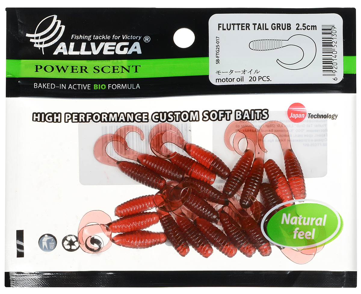 Приманка съедобная Твистер Allvega Flutter Tail Grub, цвет: красный, 2,5 см, 0,5 г, 20 шт51246 Приманка съедобная Твистер Allvega Flutter Tail Grub, цвет: красный, 2,5 см, 0,5 г, 20 шт51246Allvega Flutter Tail Grub - это твистер классической формы с трепетной, невесомой игрой хвоста. Соблазнительный пищевой объект для окуня и некрупной щуки. Сочетается со всеми видами спиннинговых оснасток, но особенно хорош на отводном поводке. Дополнительную привлекательность приманке придает использование в составе активной биодобавки и специального ароматизатора.Вес: 0,5 г.Длина: 2,5 см.